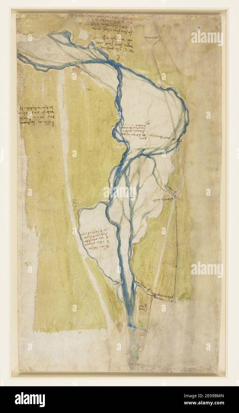 Leonardo da Vinci - UNE carte de l'Arno à l'ouest de Florence 1504. Banque D'Images