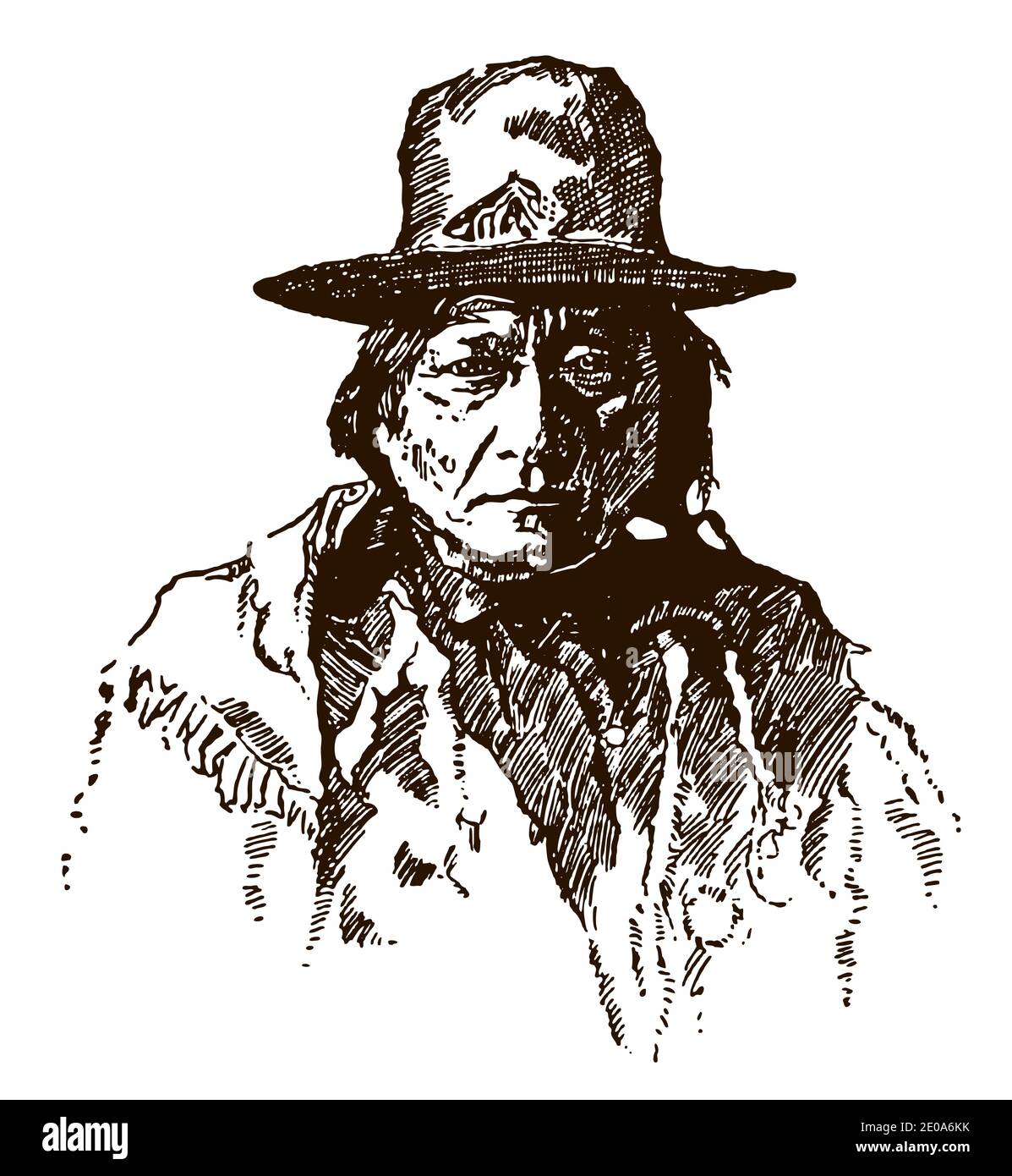 Portrait de l'historique Native American Hunkpapa Lakota Sioux chef Bull assis portant un chapeau, en vue frontale Illustration de Vecteur