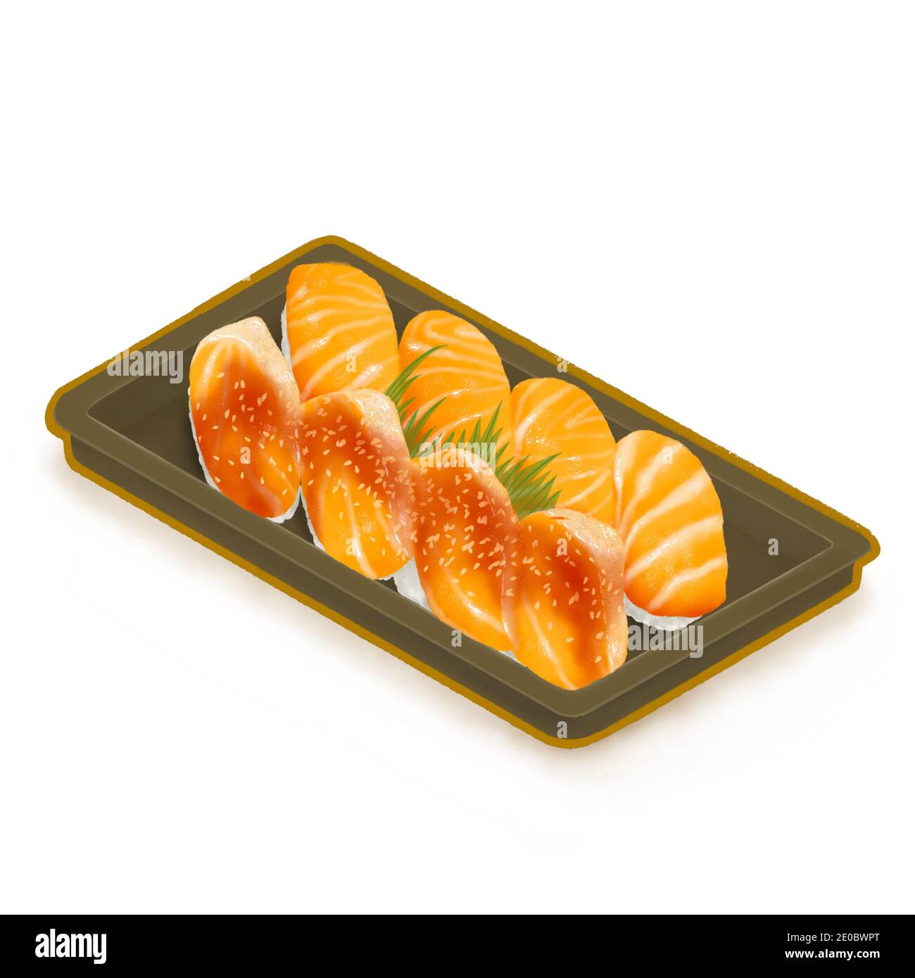 La peinture numérique de l'ensemble de sushi au saumon japonais, la traditionnelle japonaise célèbre nourriture isométrique icône illustration raster sur fond blanc. Banque D'Images
