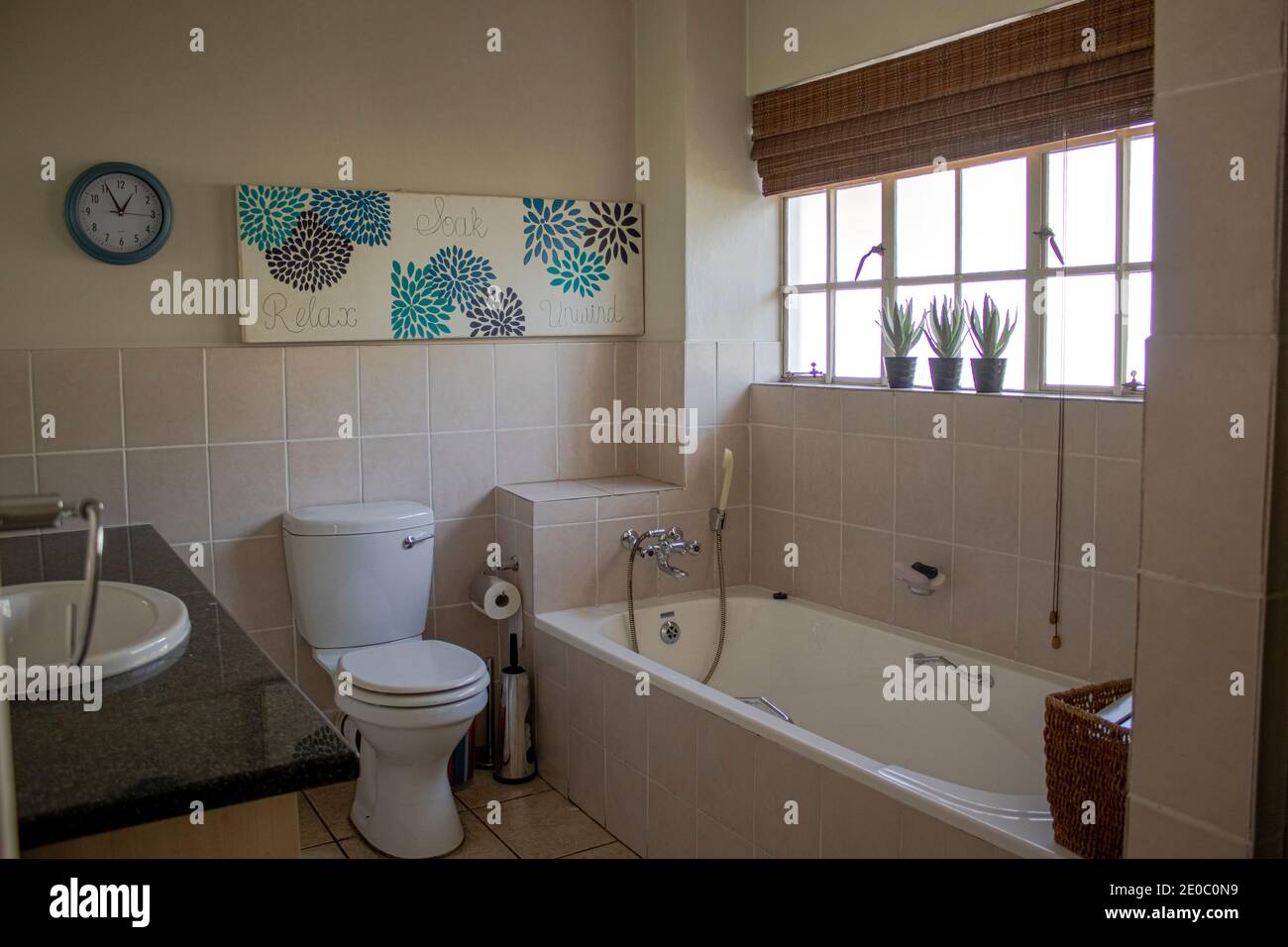 Photo horizontale d'une salle de bain avec baignoire et toilettes Banque D'Images