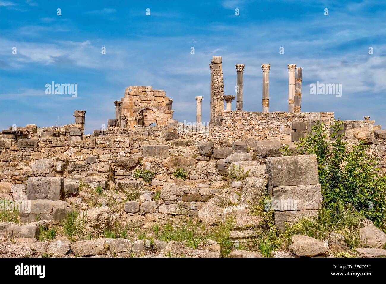 Les ruines partiellement restaurées de la basilique et du temple Capitoline dans l'ancienne ville romaine de Volubilis, près de Meknes, au Maroc. Banque D'Images