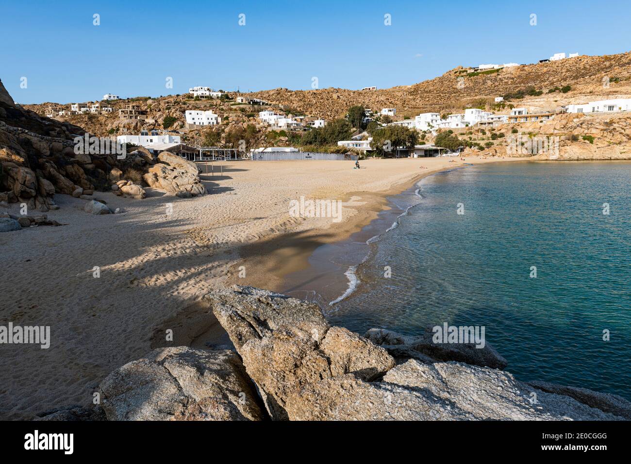 Plage déserte de Super Paradise, Mykonos, Cyclades, Iles grecques, Grèce, Europe Banque D'Images