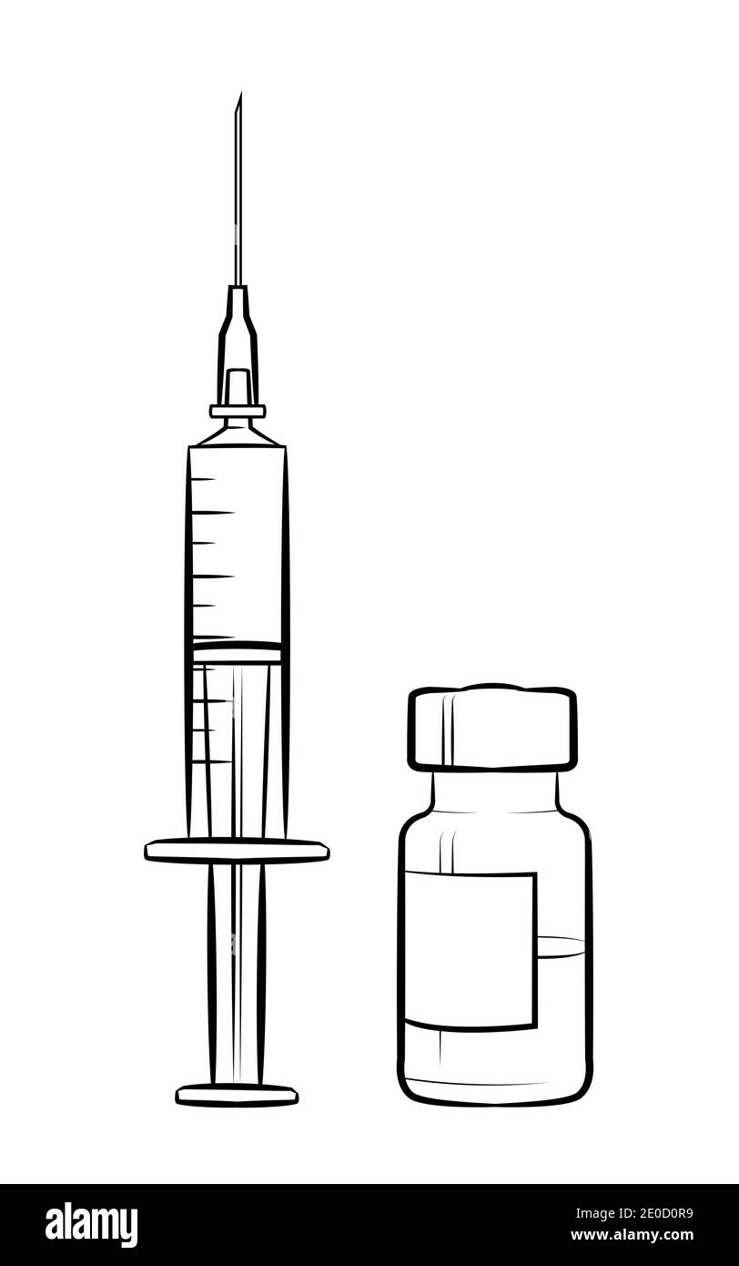 Dessin de la seringue avec le vaccin et la bouteille de vaccin. Illustration de Vecteur