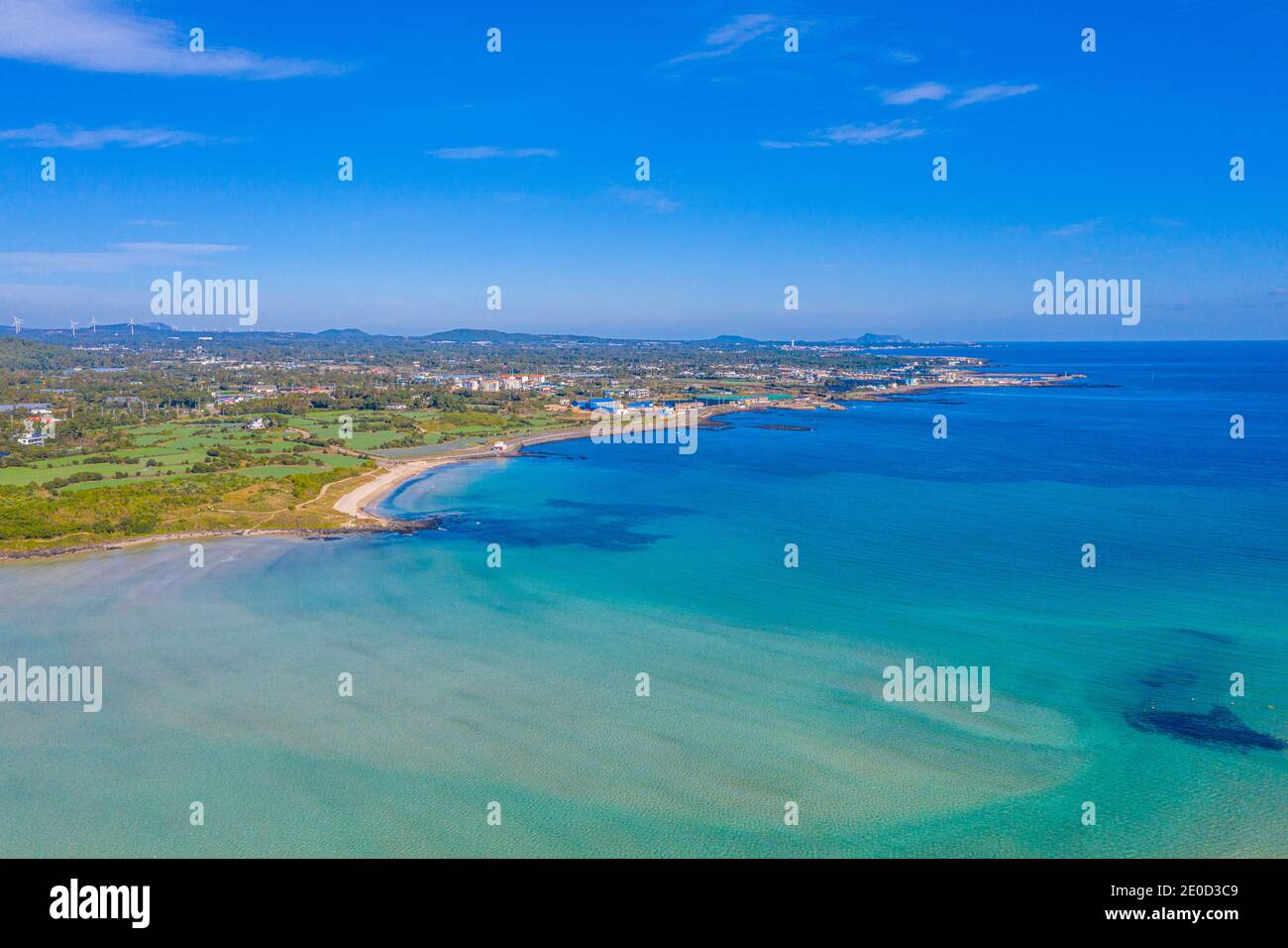 Vue aérienne des plages du village de Pyoséon sur l'île de Jeju, République de Corée Banque D'Images