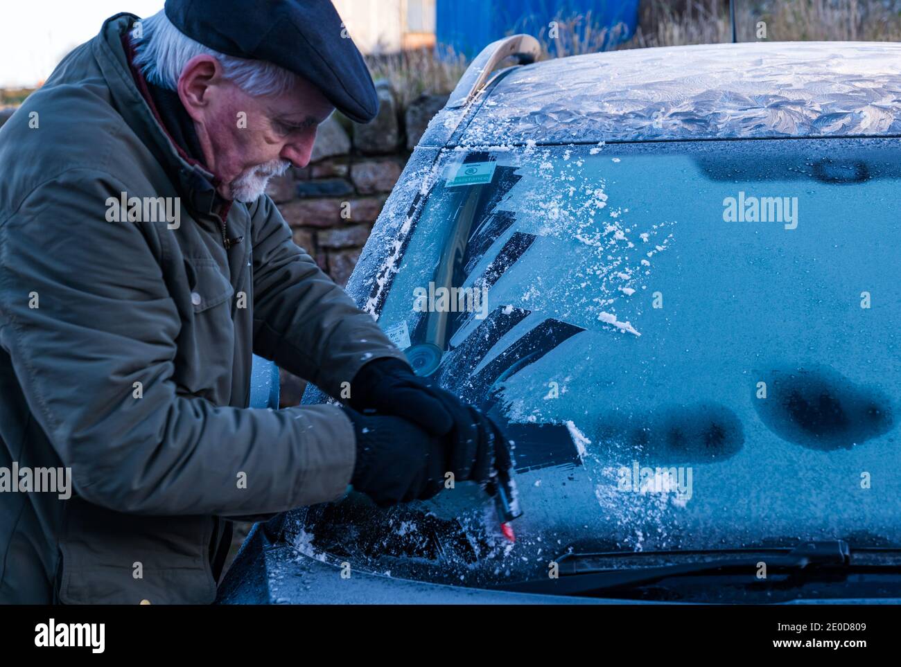 Homme senior raclant la glace du pare-brise de voiture en hiver avec des motifs de gel sur le toit de voiture, Écosse, Royaume-Uni Banque D'Images