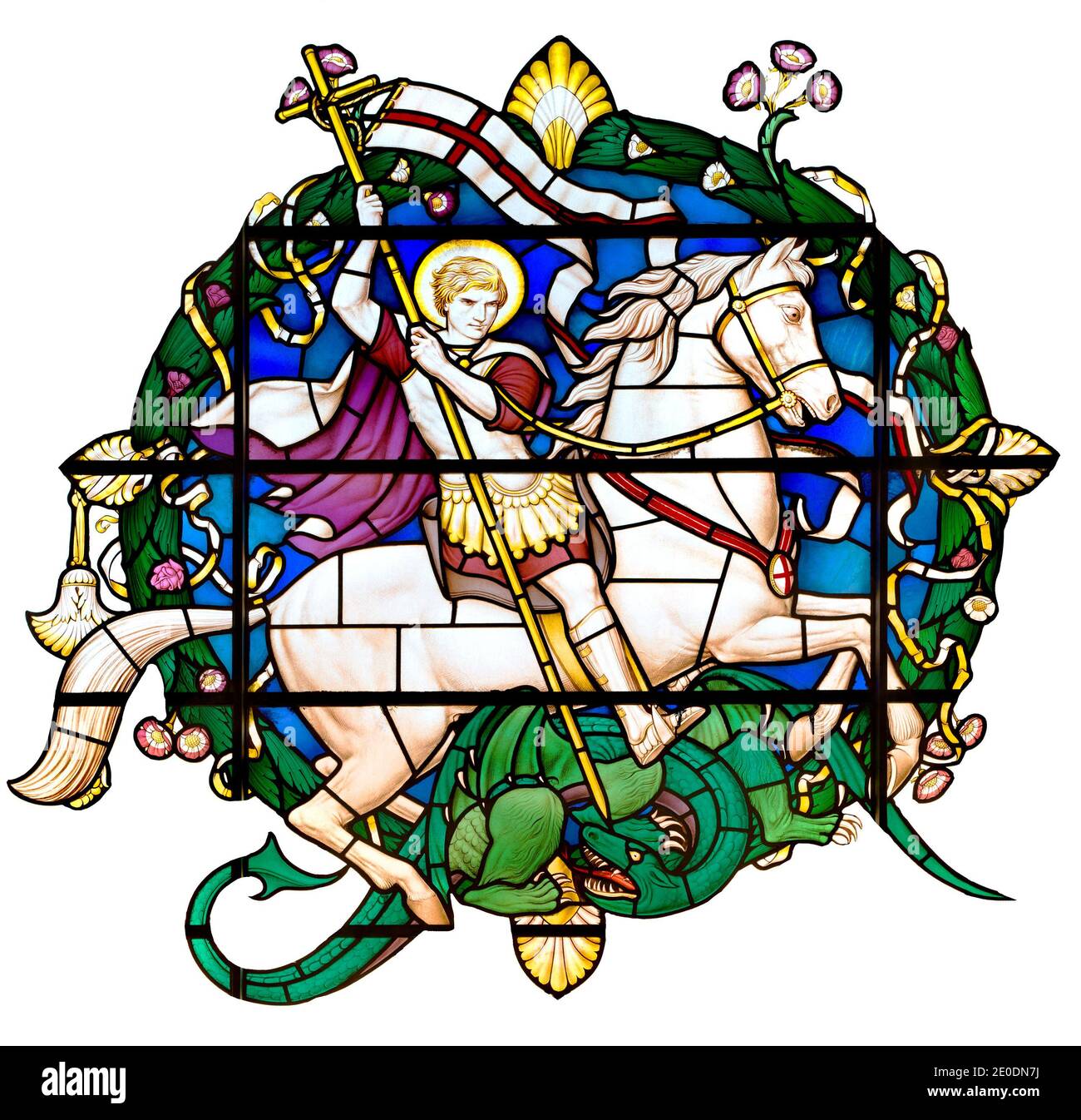 Londres, Angleterre Royaume-Uni. Judaïsme de l'église Saint-Laurent - vitraux. St George et le dragon - découpe Banque D'Images