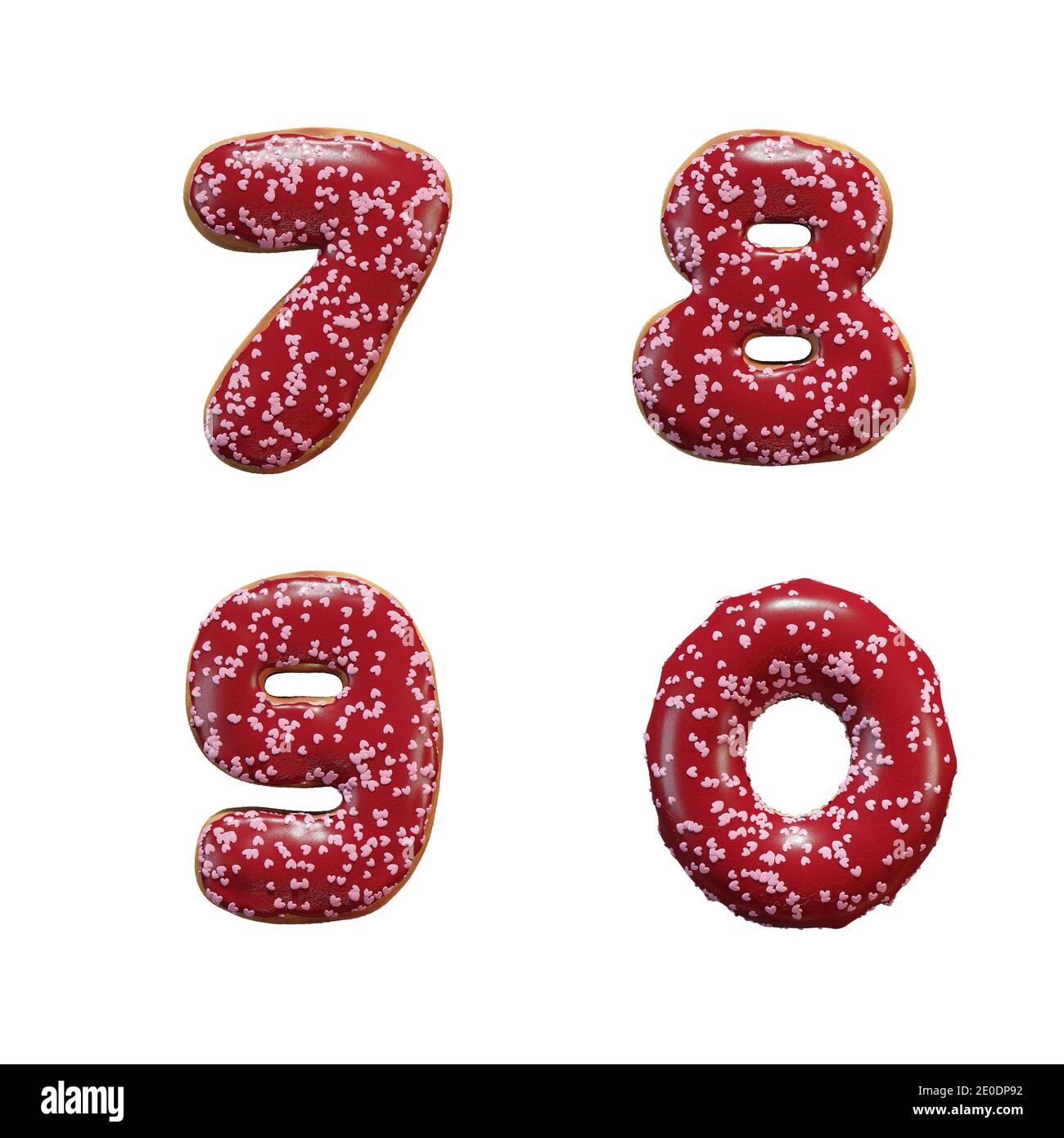 Rendu 3D de l'alphabet de lettres de beignets avec glaçage rouge et cœur rose saupoudrer - chiffres 7-0 Banque D'Images