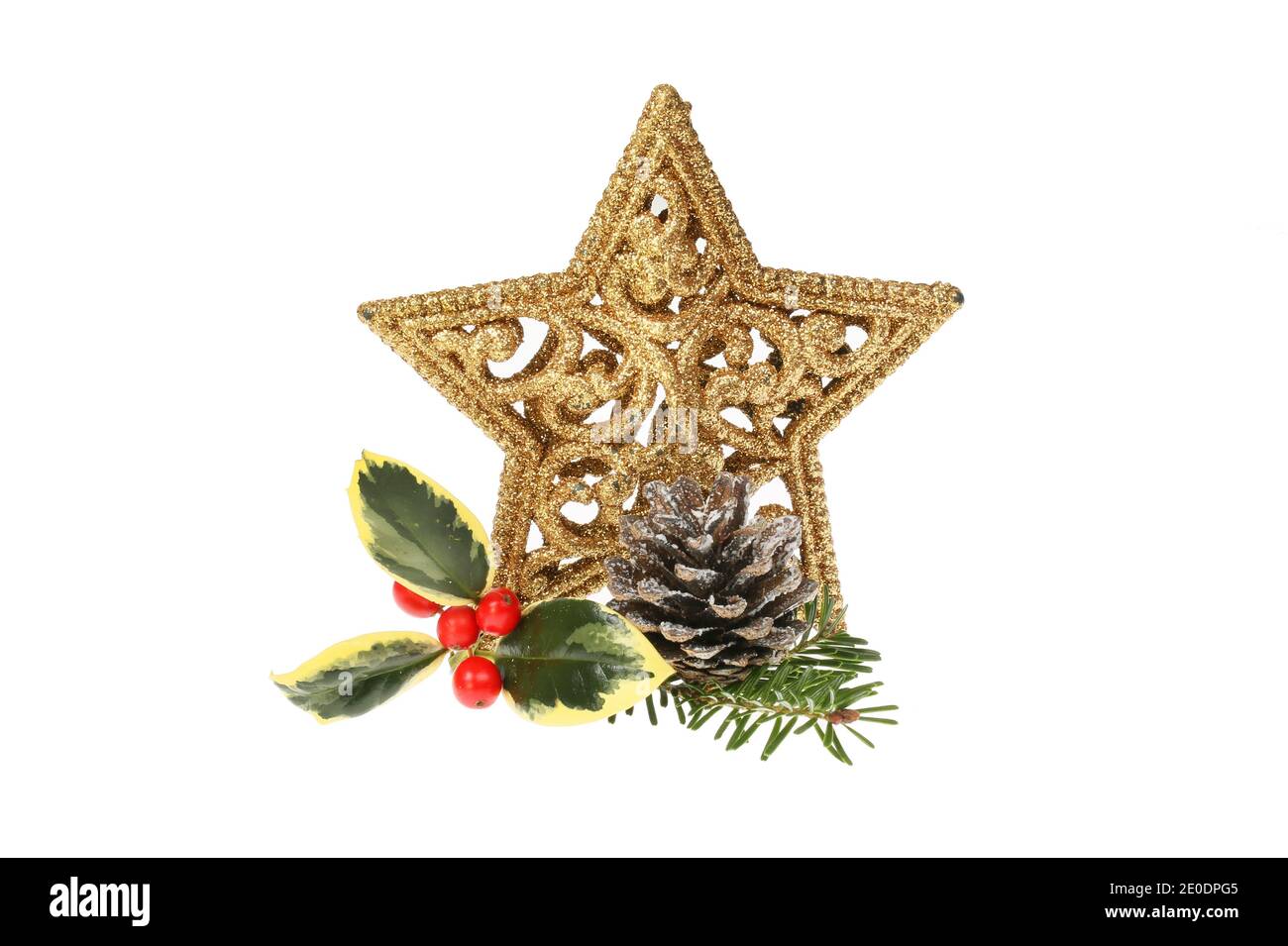 Étoile de Noël dorée à paillettes avec houx, pomme de pin et aiguilles isolées du blanc Banque D'Images