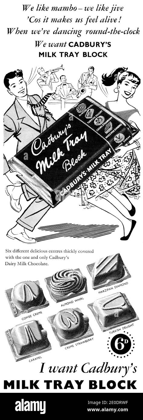 1955 publicité britannique pour la barre de chocolat au plateau de lait Cadbury's. Banque D'Images