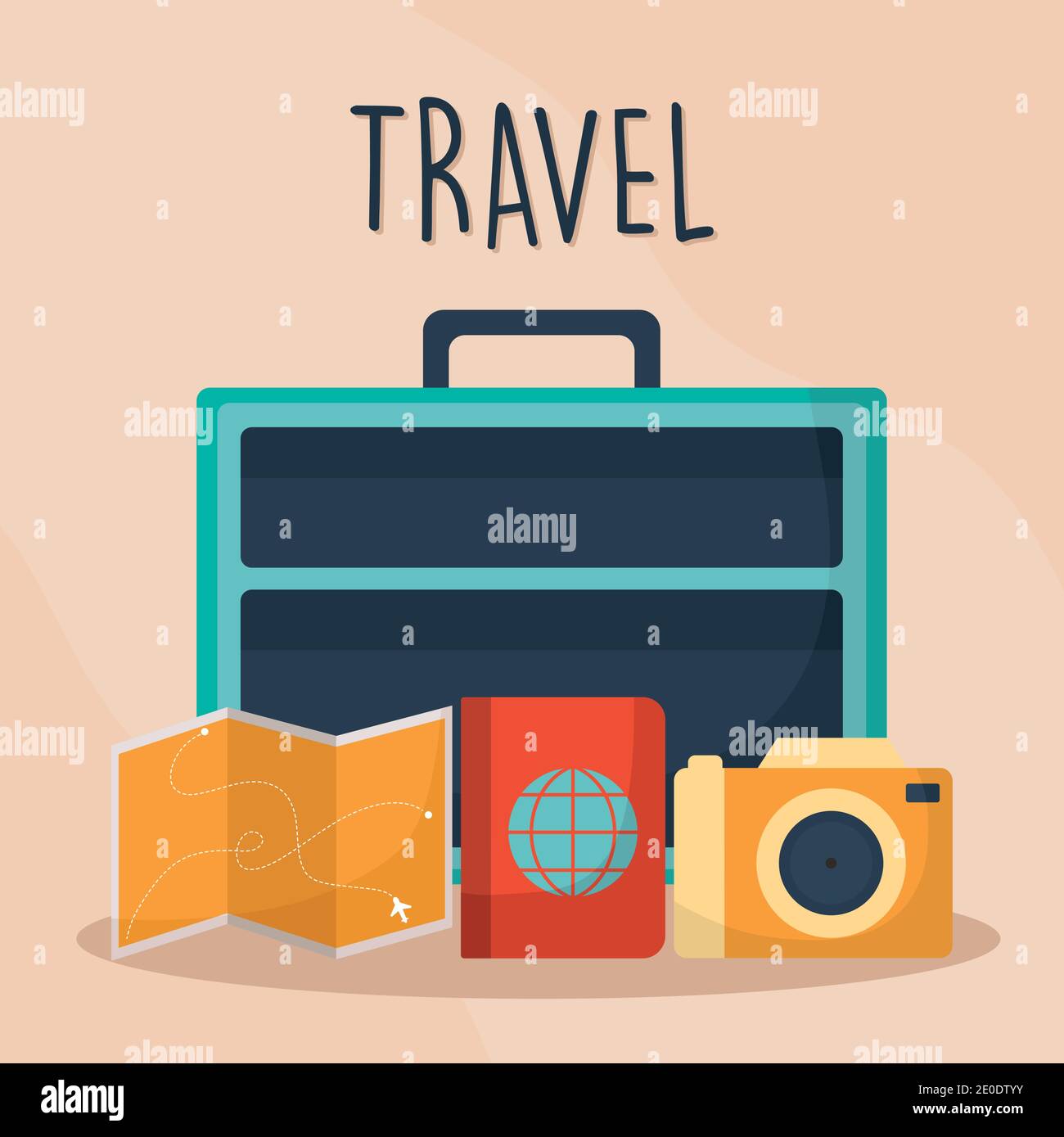 lettrage de voyage avec valise bleue et icônes de carte, de passeport et d'appareil photo Illustration de Vecteur