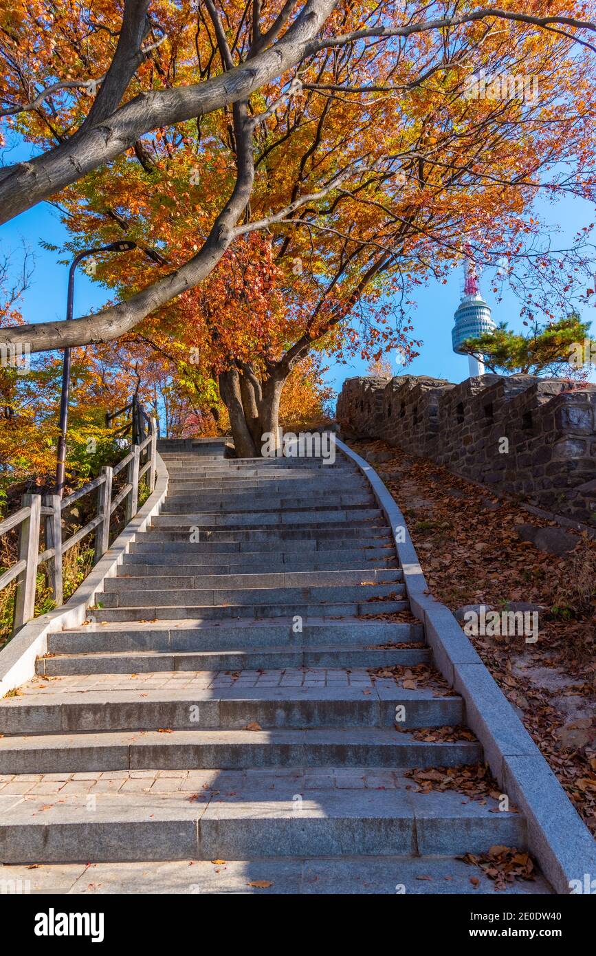 Escalier menant à la tour N Seoul à la colline de Namsan, République de Corée Banque D'Images