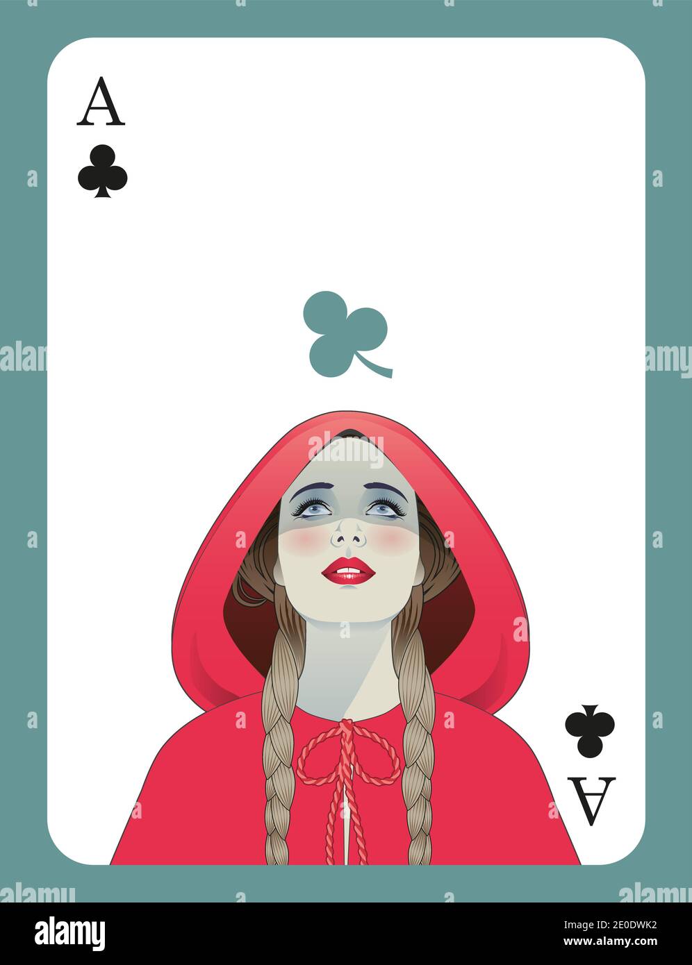 ACE de clubs inspirés par l'histoire de Little Red Riding Hood. Petite cagoule rouge regardant avec un club sur sa tête. Illustration de Vecteur