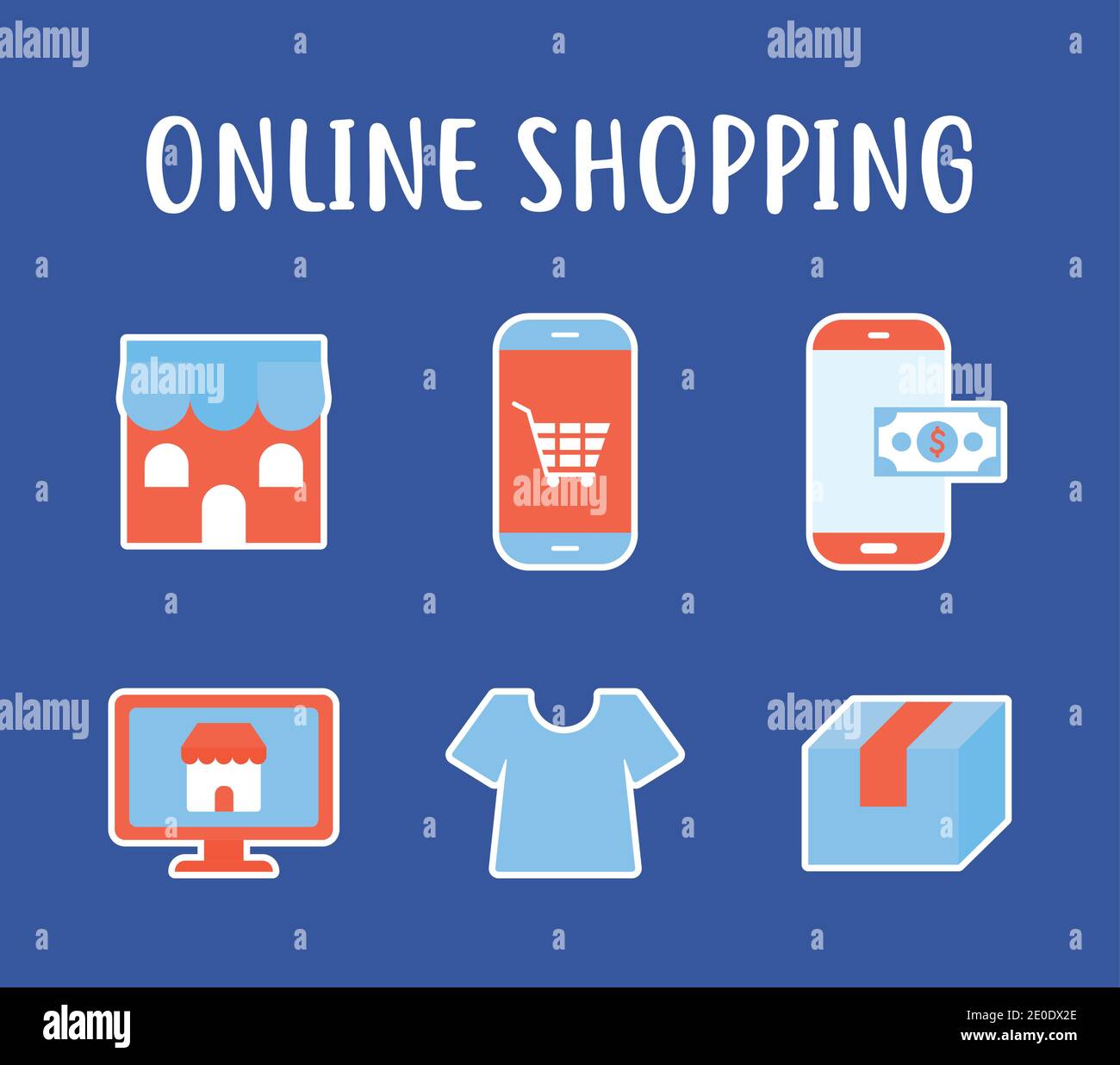 lettrage des achats en ligne et ensemble d'icônes d'achats en ligne un arrière-plan bleu Illustration de Vecteur