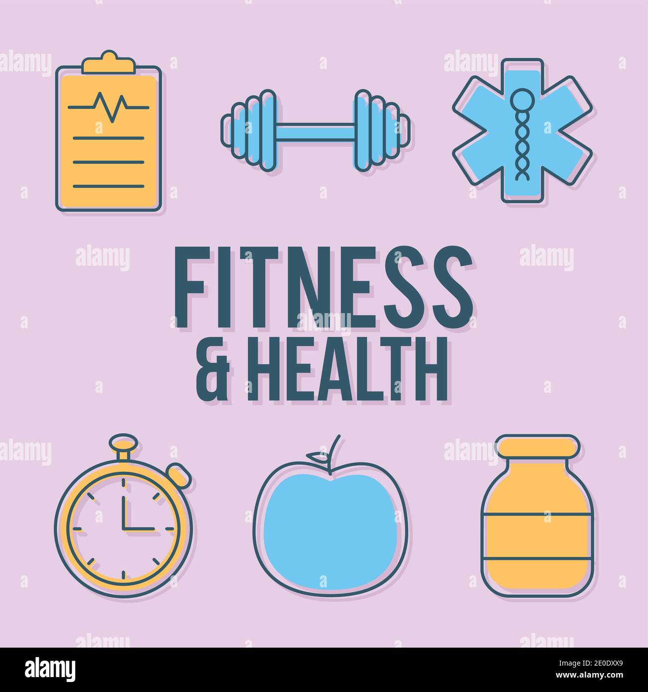 lettrage fitness et santé avec ensemble de fitness et santé icônes Illustration de Vecteur