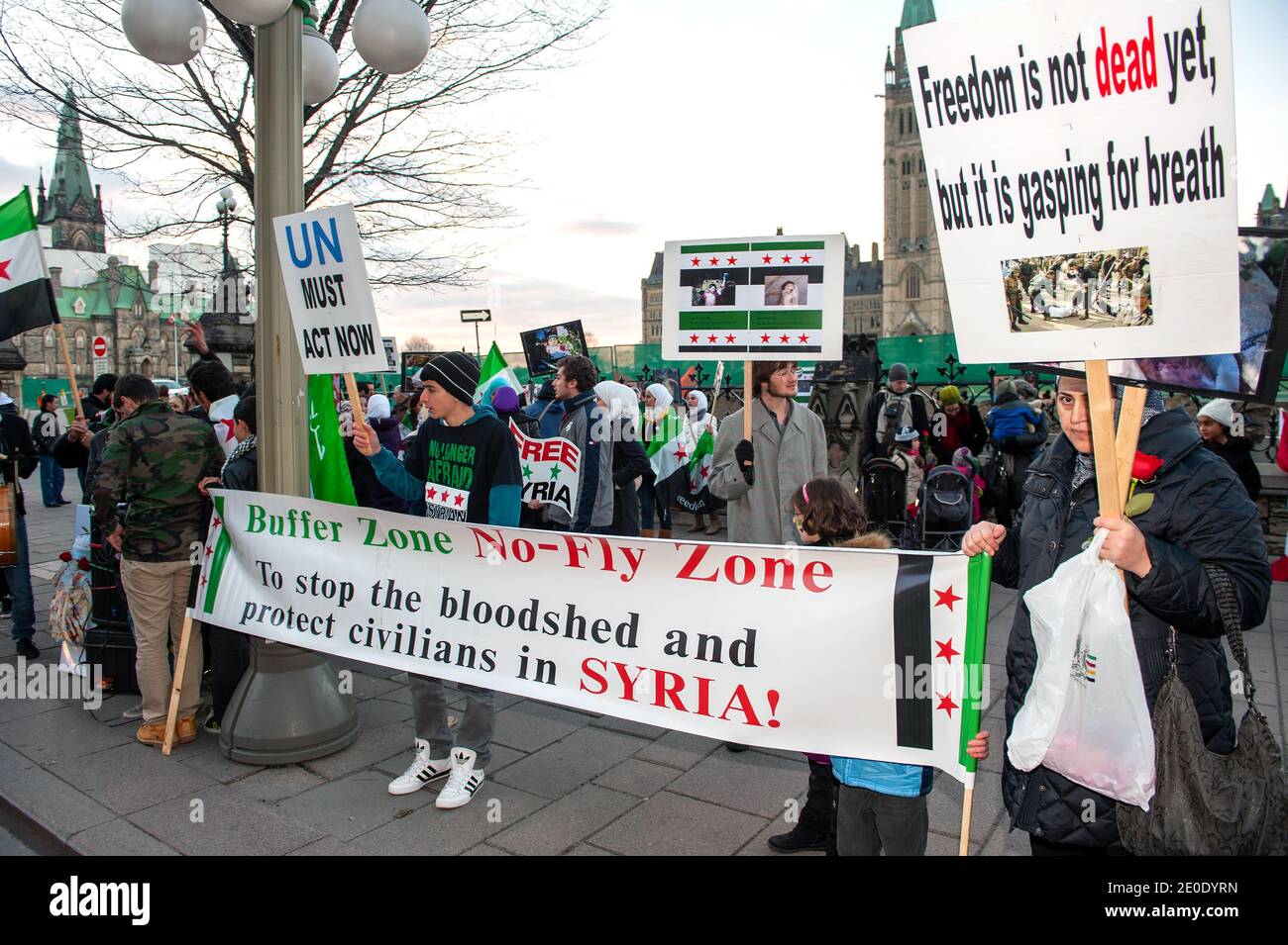 Ottawa, Canada - le 17 novembre 2012 : les Syriens du Canada se réunissent sur la colline du Parlement pour protester contre les actions du régime d'Assad et demander une zone d'exclusion aérienne. Banque D'Images