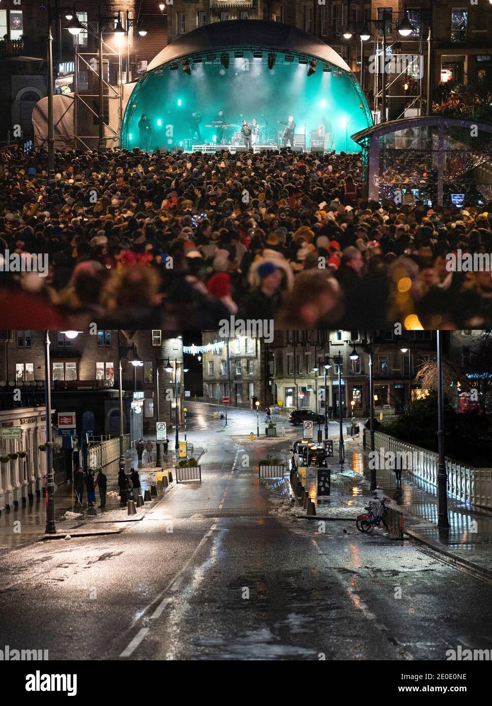 Édimbourg, Écosse, Royaume-Uni. 31 décembre 2020. Images contrastées de Hogmanay en 2019 et 2020 montrant les effets du confinement de Covid-19 sur les célébrations dans la ville. En 2019, un grand marché de Noël se trouvait dans les jardins de Princes Street et plusieurs concerts ont été érigés dans les rues de la ville. Pic; Marc Almond se produit devant une foule nombreuse en 2019, mais en 2020, le même emplacement de rue est vide. Iain Masterton/Alay Live News Banque D'Images