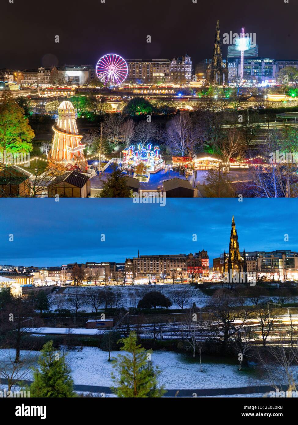 Édimbourg, Écosse, Royaume-Uni. 31 décembre 2020. Images contrastées de Hogmanay en 2019 et 2020 montrant les effets du confinement de Covid-19 sur les célébrations dans la ville. En 2019, un grand marché de Noël se trouvait dans les jardins de Princes Street et plusieurs concerts ont été érigés dans les rues de la ville. Pic; marché de Noël en 2019 contraste avec un jardin de Princes Street vide en 2020. Iain Masterton/Alay Live News Banque D'Images