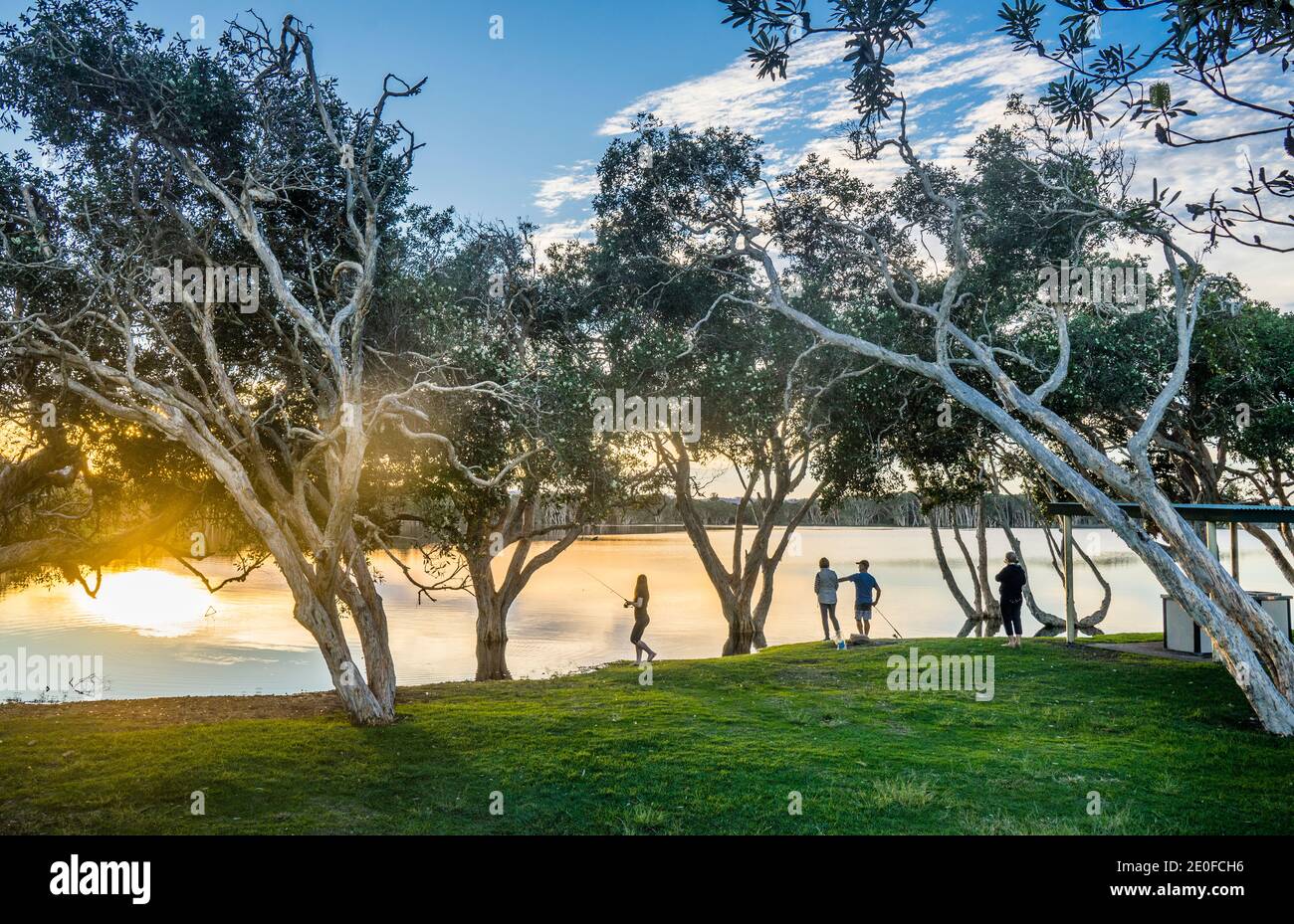 Ambiance nocturne au lac Ainsworth, également appelé lac Teai Tree en raison des arbres de thé sur sa rive, Lennox Head, région des rivières du Nord, côte nord de Banque D'Images