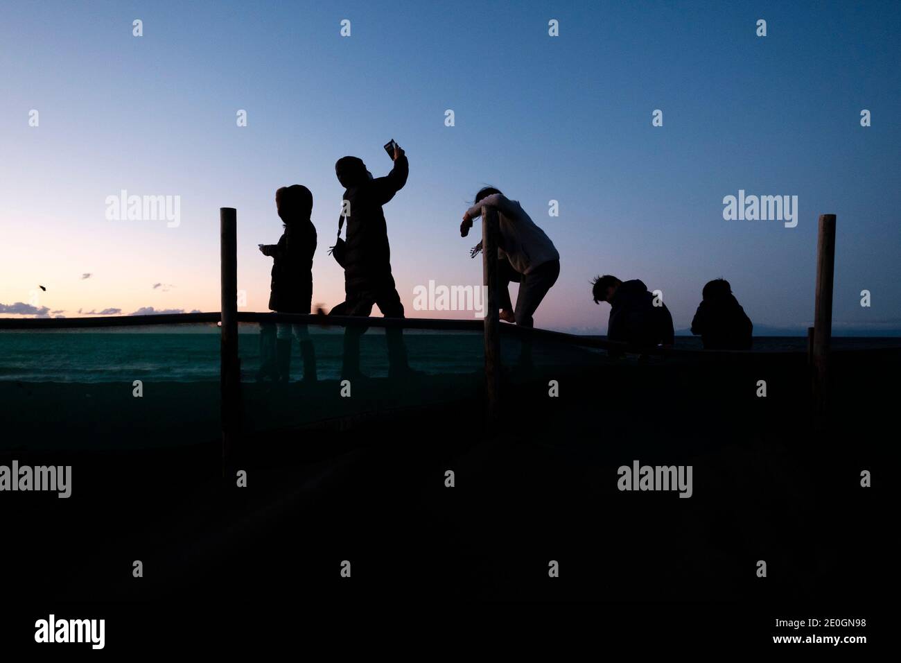 1ER JANVIER 2021 - les gens regardent le premier lever de soleil de la nouvelle année, connu sous le nom de hatsuhinode, sur une plage à Fujisawa, au Japon. Crédit : Ben Weller/AFLO/Alay Live News Banque D'Images