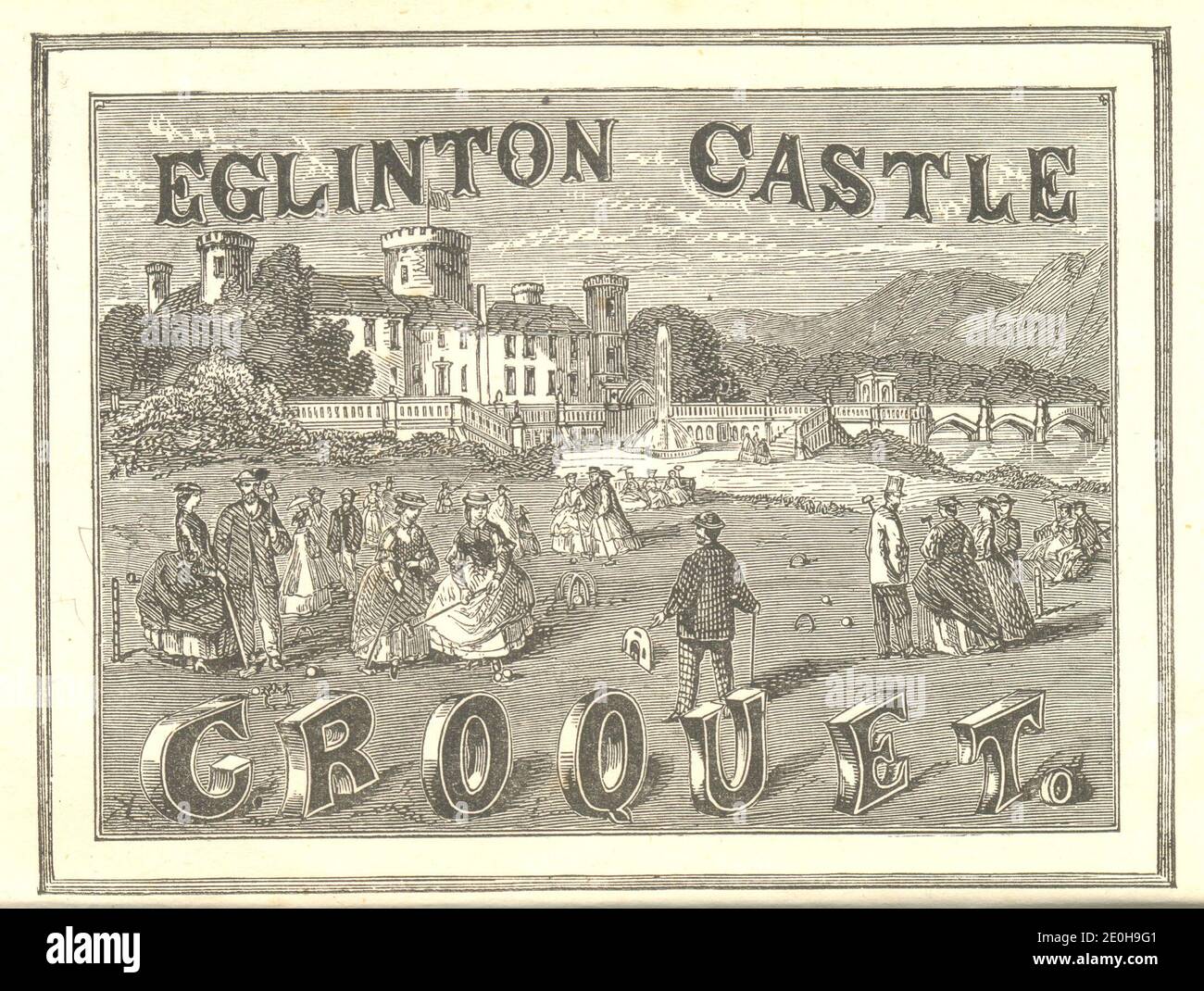 Frontispice à Jaques Code des lois du Croquet montrant le court de croquet précoce sur la North Terrace, Château d'Eglinton, Kilwinning, Ayrshire, Écosse, 1864 Banque D'Images