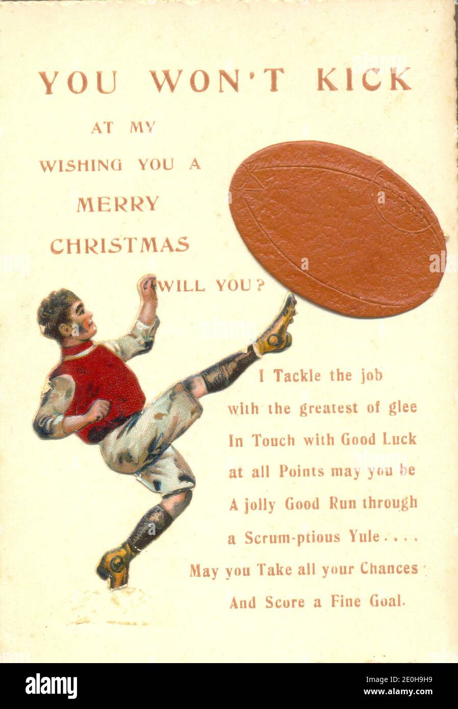 Carte de voeux de Noël avec message punning sur le football publié par Angus Thomas vers 1895 Banque D'Images