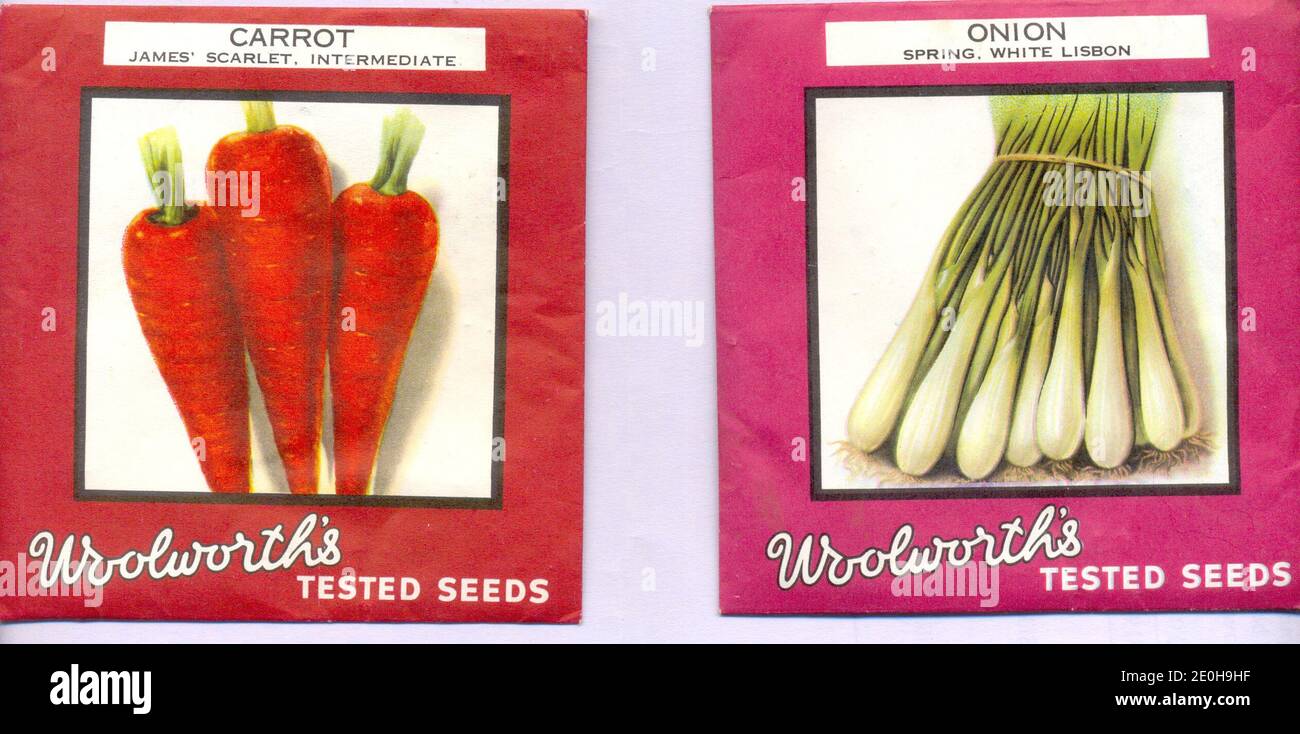 Paquets de semences de légumes pour les semences testées de Woolworth 1964 Banque D'Images