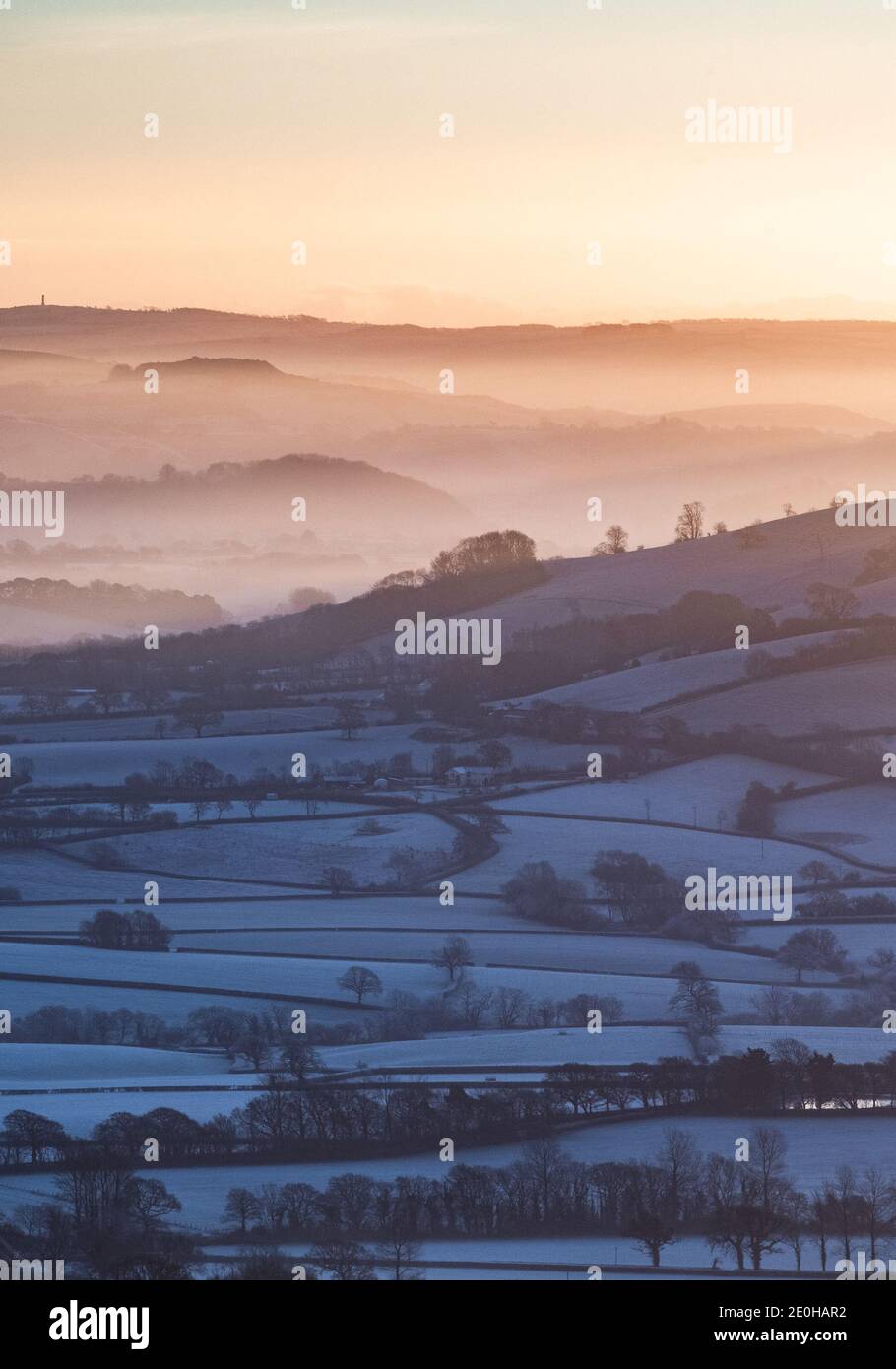 Château de Lamberts, Dorset, Royaume-Uni. 1er janvier 2020. Météo au Royaume-Uni : 2021 commence par un démarrage amèrement froid alors que les températures s'effondrent, amenant des conditions glaciales dans le Sud-Ouest. Le paysage rural du West Dorset est recouvert d'une couche de gel épais le jour de l'an. Credit: Celia McMahon/Alamy Live News Banque D'Images