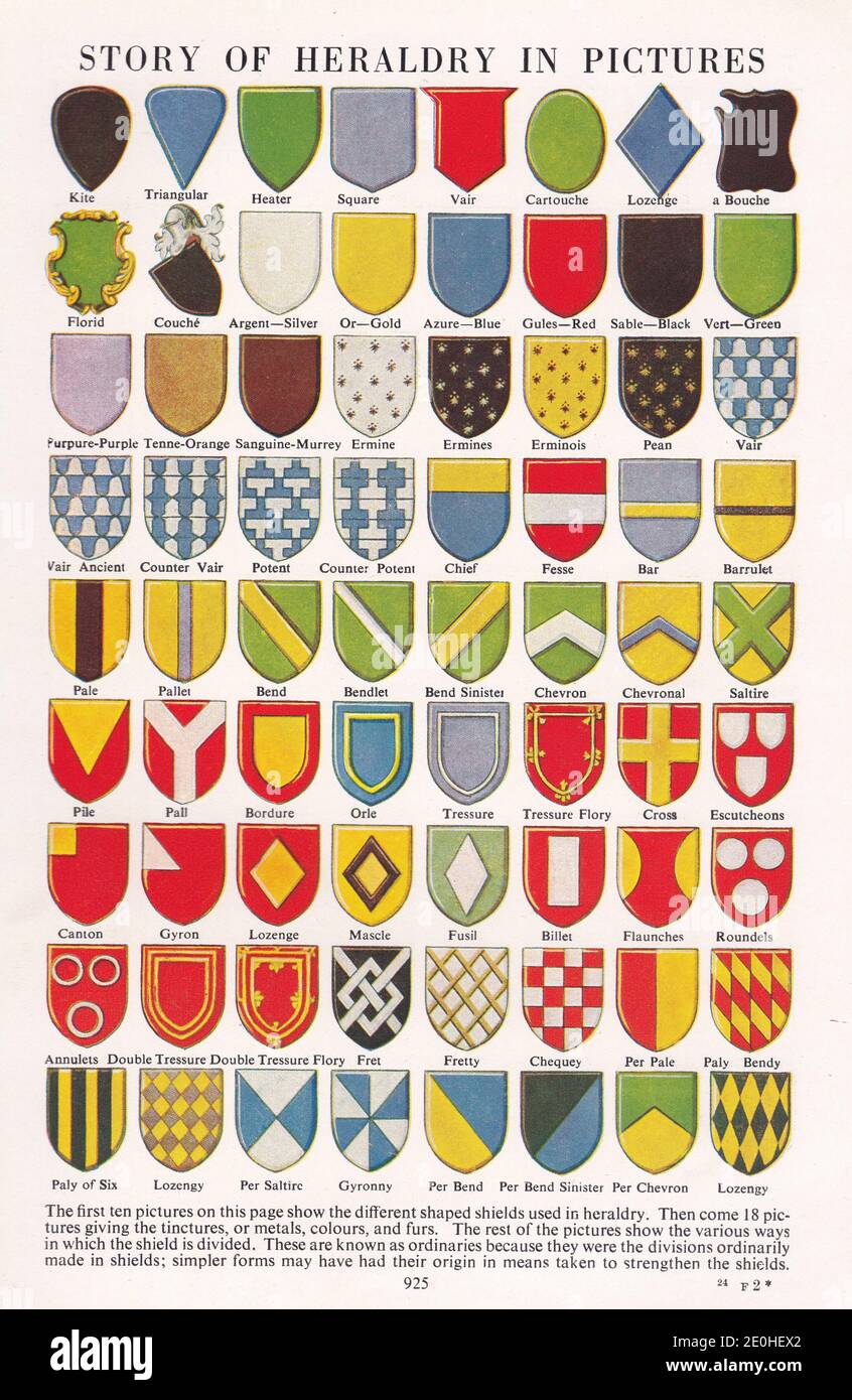 Histoire de Heraldry en images - Shields, Ordinaires, teintures et Coats d'armes. Banque D'Images