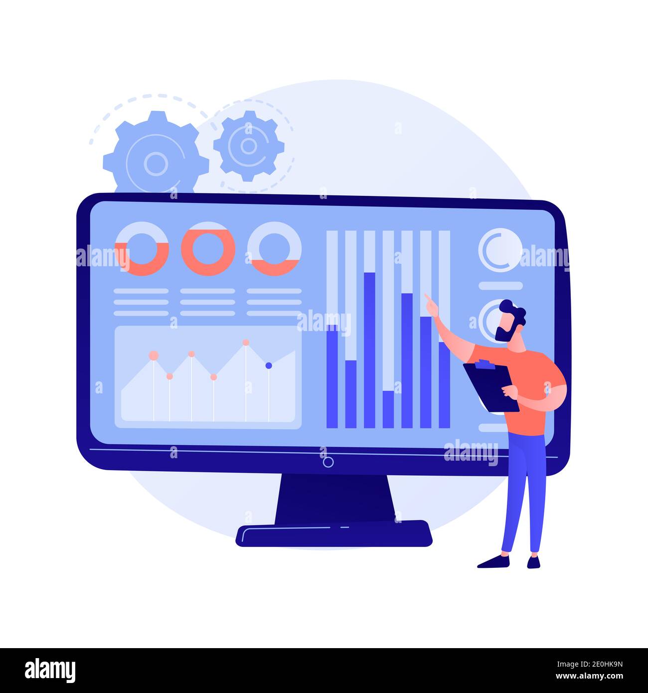 Centre de données des médias sociaux. Statistiques SMM, recherche de marketing numérique, analyse des tendances du marché. Femme experte étudiant les résultats de l'enquête en ligne. Vecteur isolé Banque D'Images