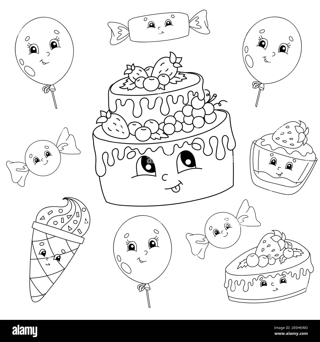 Livre De Coloriage Pour Enfants Theme Joyeux Anniversaire Personnages Joyeux Illustration Vectorielle Joli Dessin Anime Silhouette De Contour Noire Isole Sur Le Coup Image Vectorielle Stock Alamy