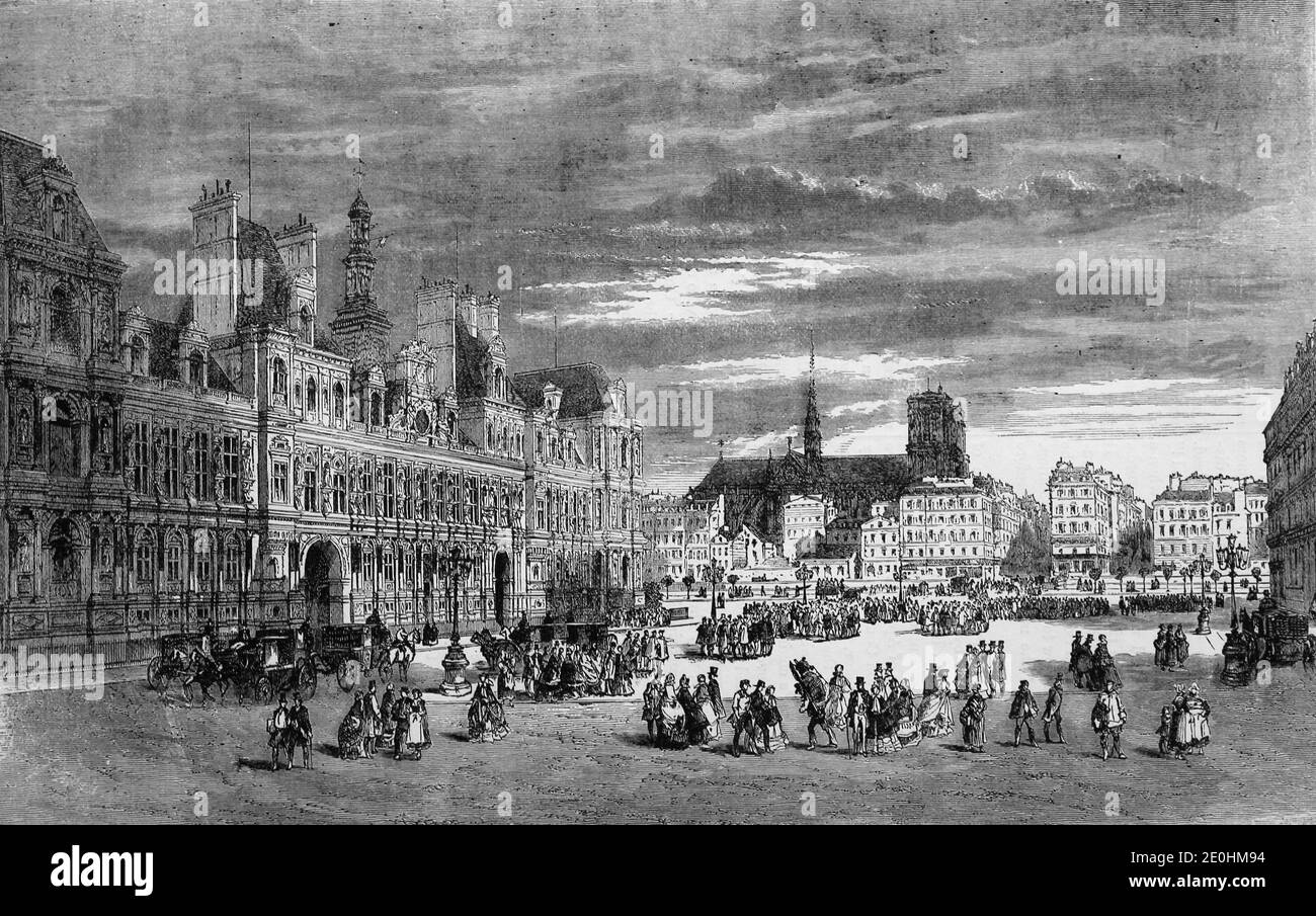 Illustration: Hôtel de ville, Paris, France vers 1848 avant la Révolution française de cette année Banque D'Images