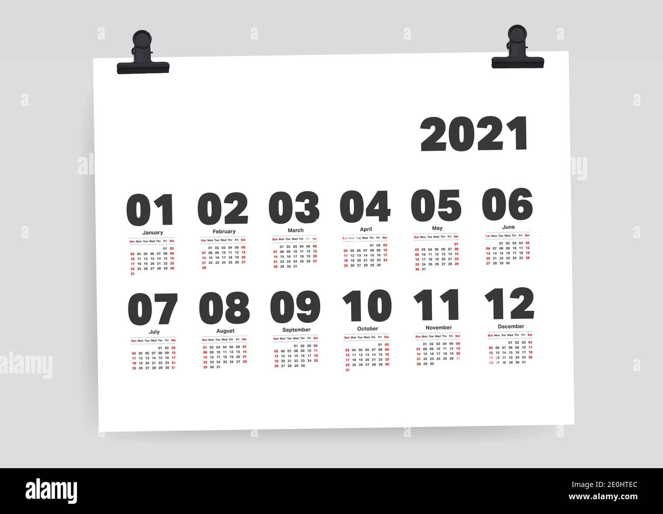 Calendrier 2021 modèle de planificateur de week-end du dimanche au samedi fond blanc. Illustration de Vecteur