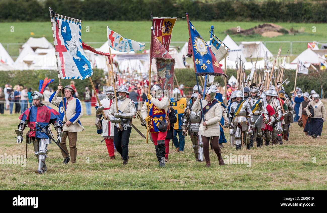 Les guerres de la Fédération des Roses reconstitution de la bataille de Bosworth au champ de bataille de Bosworth Leicestershire Angleterre Royaume-Uni Banque D'Images