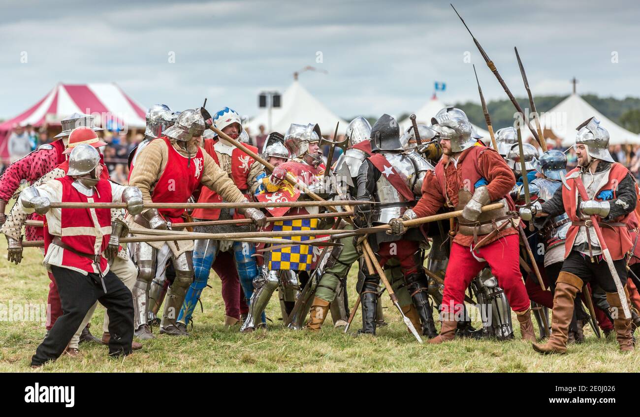 Les guerres de la Fédération des Roses reconstitution de la bataille de Bosworth au champ de bataille de Bosworth Leicestershire Angleterre Royaume-Uni Banque D'Images