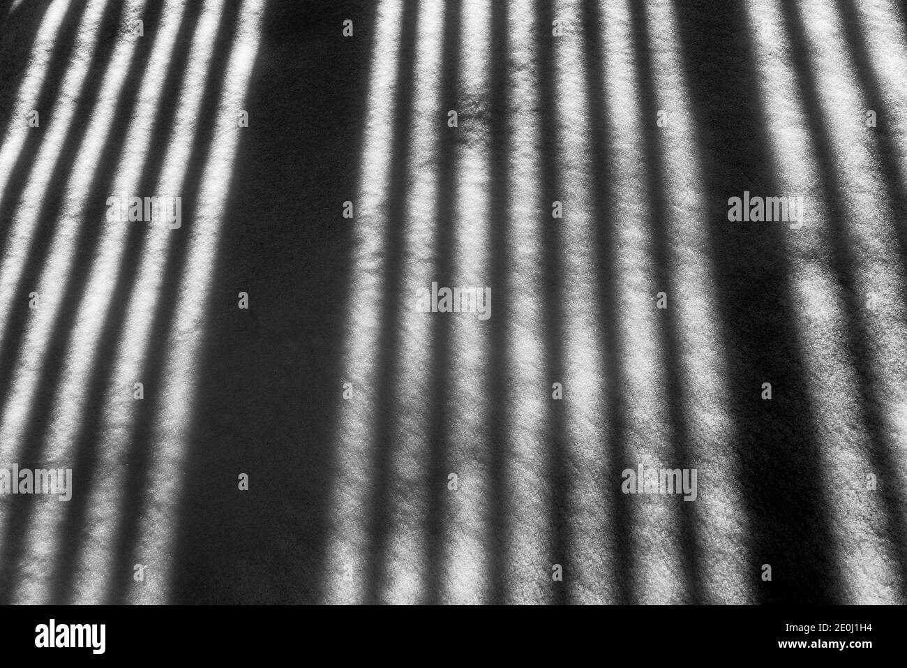 La vue en noir et blanc de la clôture en vinyle blanc projette de longues ombres hivernales sur la neige fraîche; Salida; Colorado; États-Unis Banque D'Images