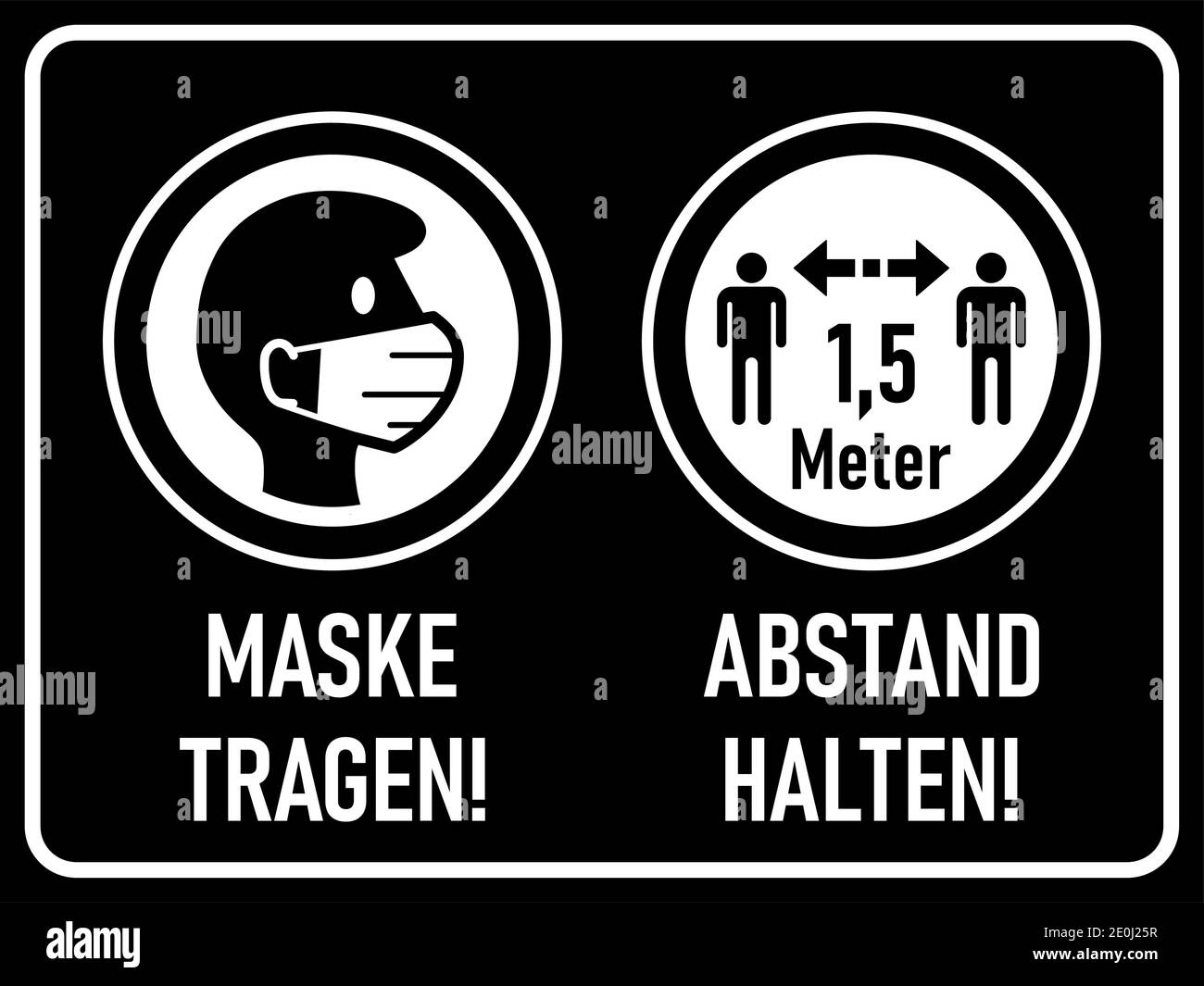 Maske tragen (portez un masque) et l'abstand halten (gardez votre distance) 1.5 m signe d'avertissement horizontal en allemand. Image vectorielle. Illustration de Vecteur