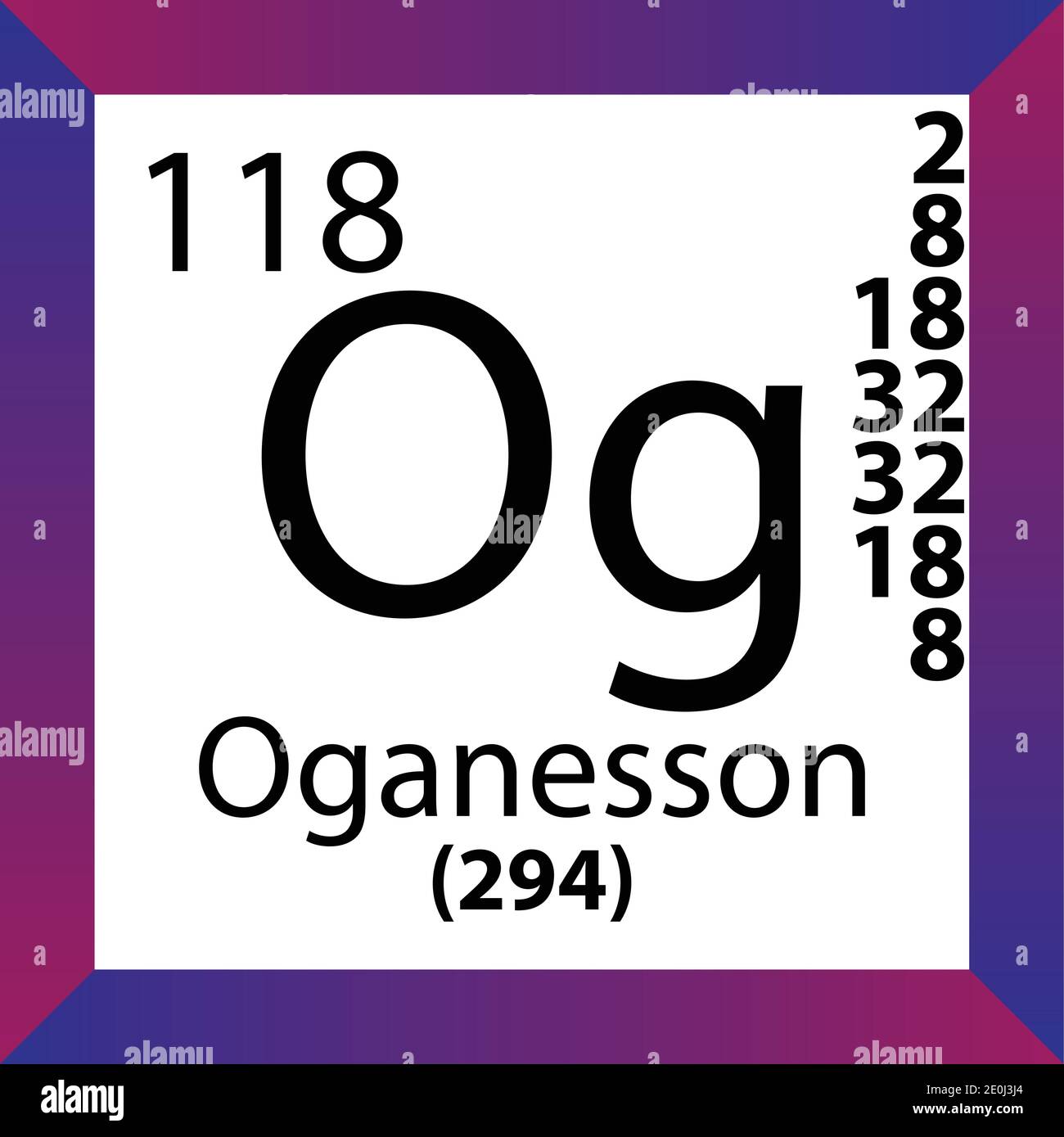 Tableau périodique des éléments chimiques d'OG Oganesson. Illustration à vecteur unique, icône colorée avec masse molaire, cont. D'électrons et nombre atomique. Illustration de Vecteur