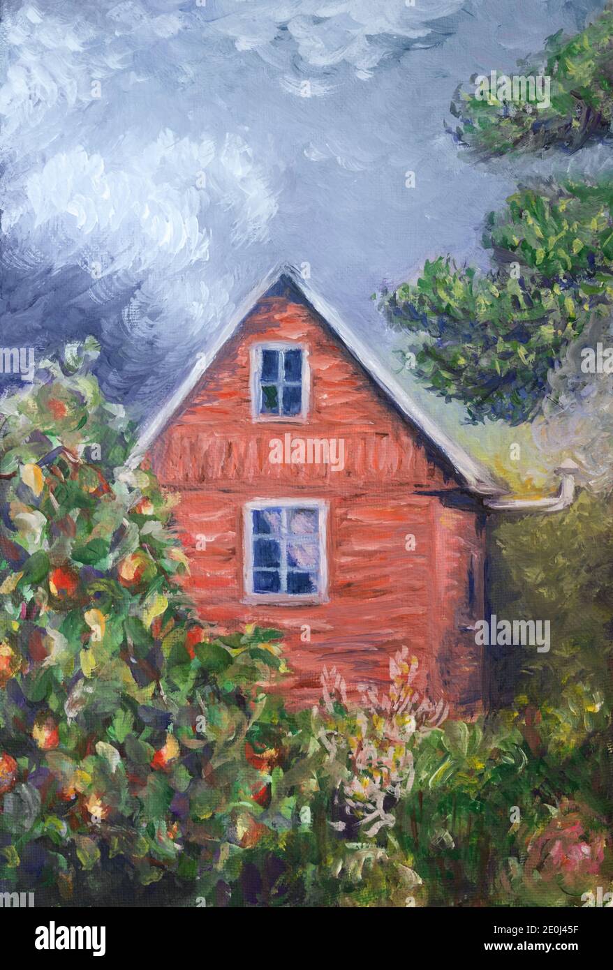 Petite maison en zone rurale. Peinture à la gouache sur toile Photo Stock -  Alamy
