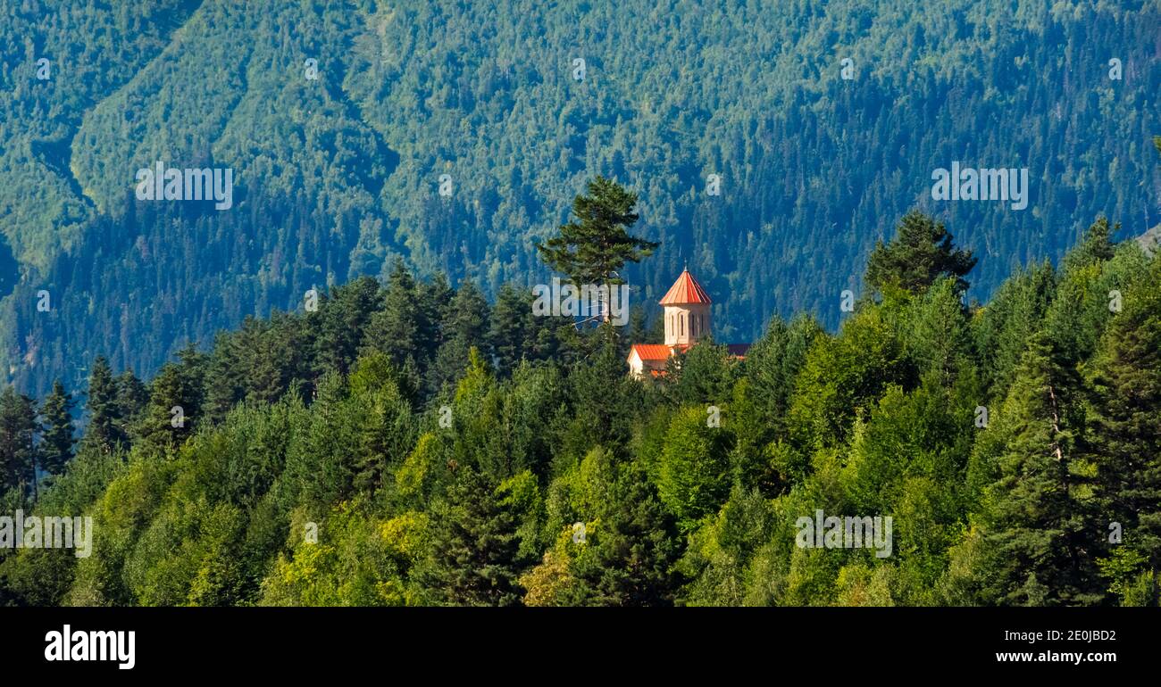 Église dans la forêt de la montagne du Caucase, région de Svaneti, Géorgie Banque D'Images