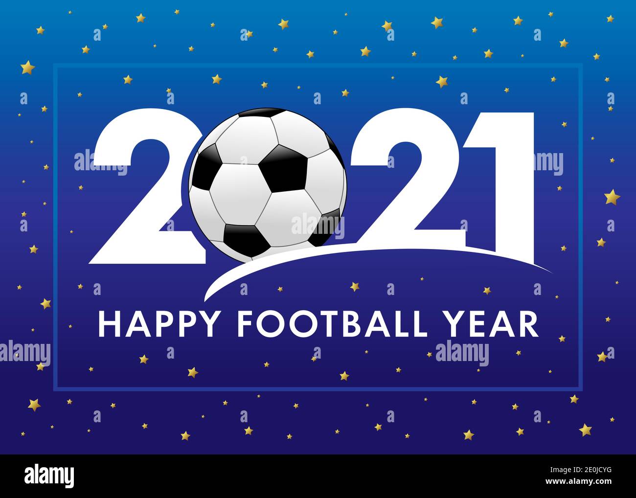 Bonne année du football 2021 avec texte et ballon de football sur fond bleu. Illustration vectorielle Merry Christmas avec 2, boule et 21 chiffres, carte d'invitation Illustration de Vecteur