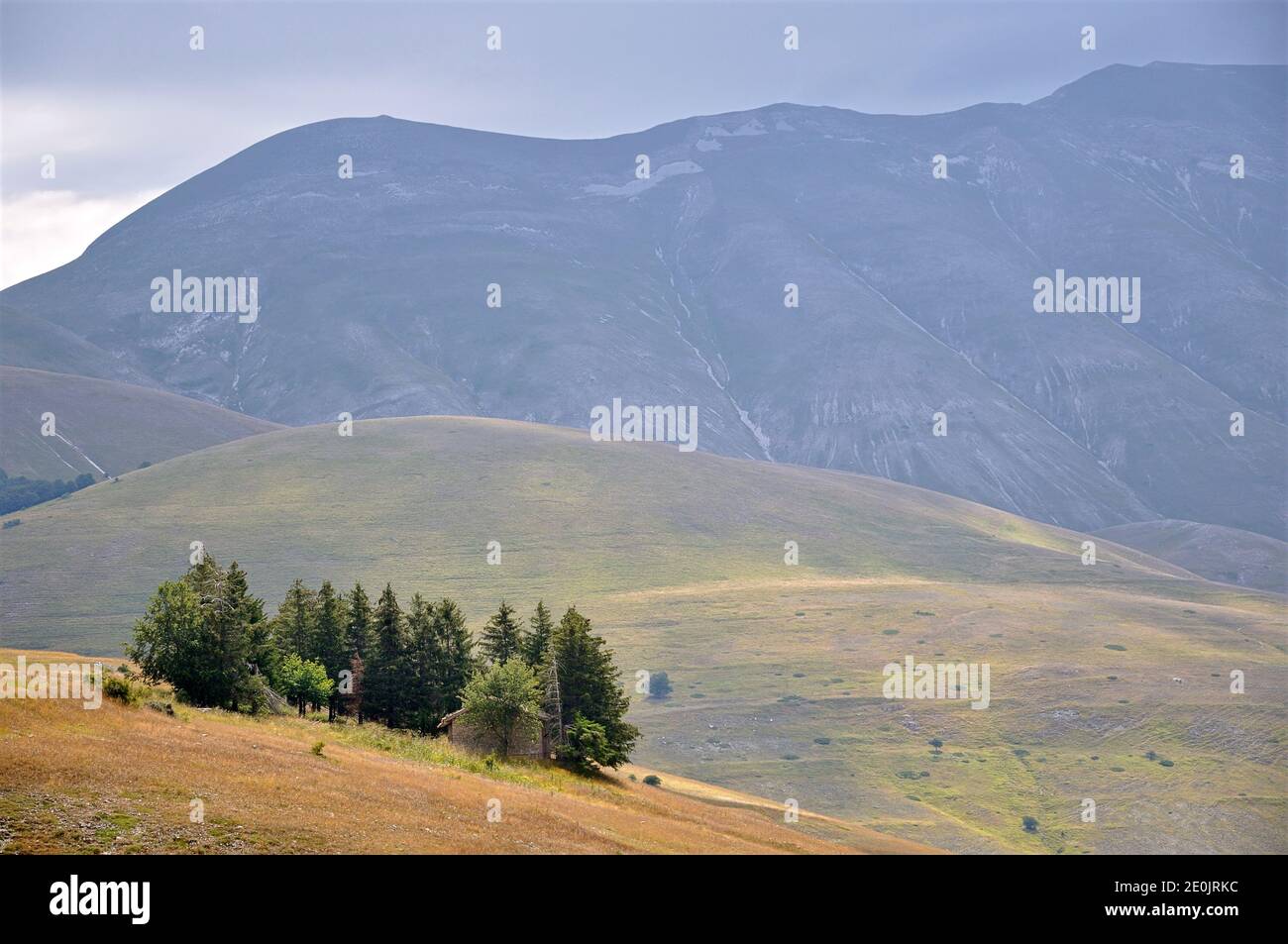 Le mont Vettore domine la plaine de 'Pian Perduto' à proximité de Castelluccio di Norcia. Norcia, Ombrie, Italie. Banque D'Images