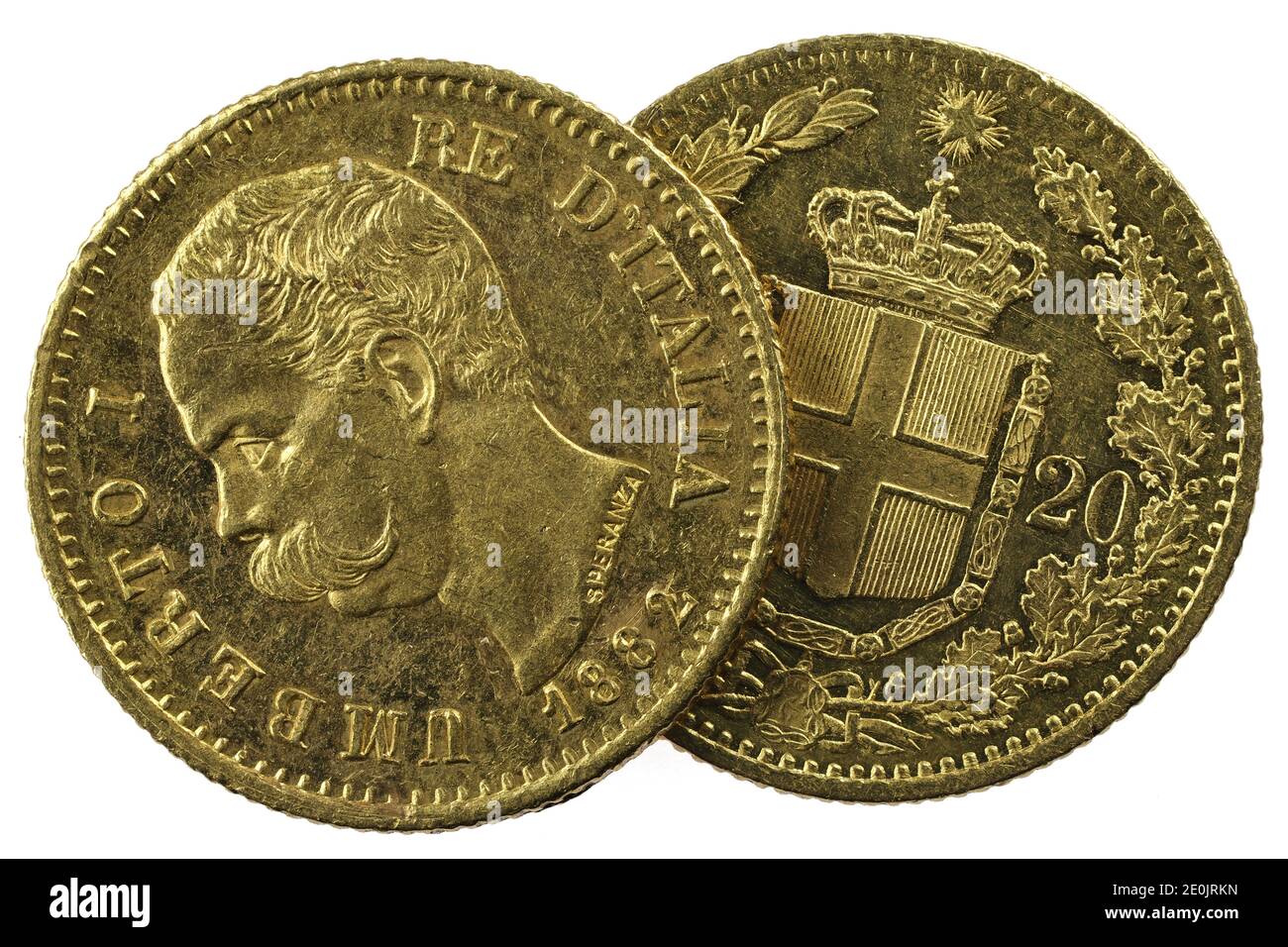 20 pièces d'or Lira italiennes isolées sur fond blanc Banque D'Images