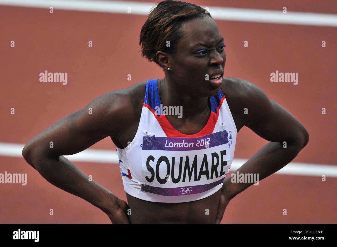 Myriam Soumare en France participe à la demi-finale de 100m féminin lors des Jeux Olympiques de Londres 2012 au stade olympique de Londres, au Royaume-Uni, le 4 août 2012. Photo de Gouhier-Guibbbbaud-JMP/ABACAPRESS.COM Banque D'Images