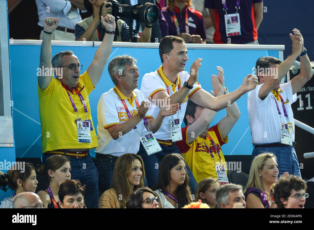 Le Prince Felipe d'Espagne assiste aux épreuves finales des femmes de water Polo contre les États-Unis le jour 13 des Jeux Olympiques de Londres 2012 à l'aréna de Water Polo le 9 août. Photo de Gouhier-Guibbbbaud-JMP/ABACAPRESS.COM Banque D'Images