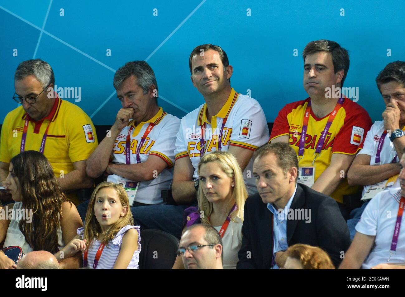 Le Prince Felipe d'Espagne assiste aux épreuves finales des femmes de water Polo contre les États-Unis le jour 13 des Jeux Olympiques de Londres 2012 à l'aréna de Water Polo le 9 août. Photo de Gouhier-Guibbbbaud-JMP/ABACAPRESS.COM Banque D'Images