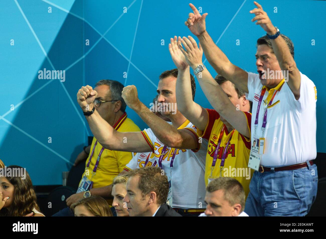 Le Prince Felipe d'Espagne assiste aux épreuves finales des femmes de water Polo contre les États-Unis le jour 13 des Jeux Olympiques de Londres 2012 à l'aréna de Water Polo le 9 août. Photo de Gouhier-Guibbbbaud-JMP/ABACAPRESS.COM Banque D'Images