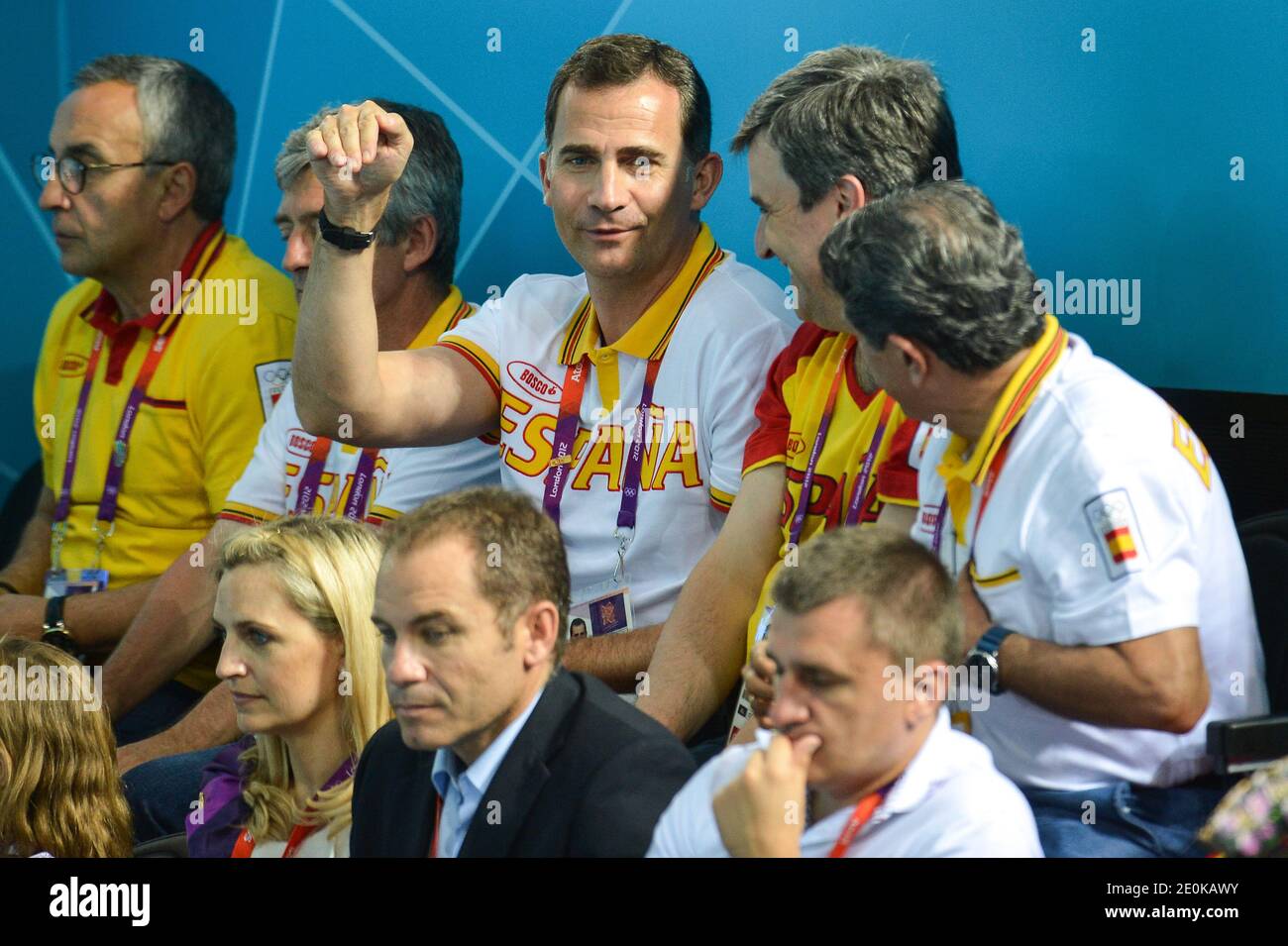 Le Prince Felipe d'Espagne assiste aux épreuves finales des femmes de water Polo contre les États-Unis le jour 13 des Jeux Olympiques de Londres 2012 à l'aréna de Water Polo le 9 août. Photo de Gouhier-Guibbbbaud-JMP/ABACAPRESS.COM Banque D'Images
