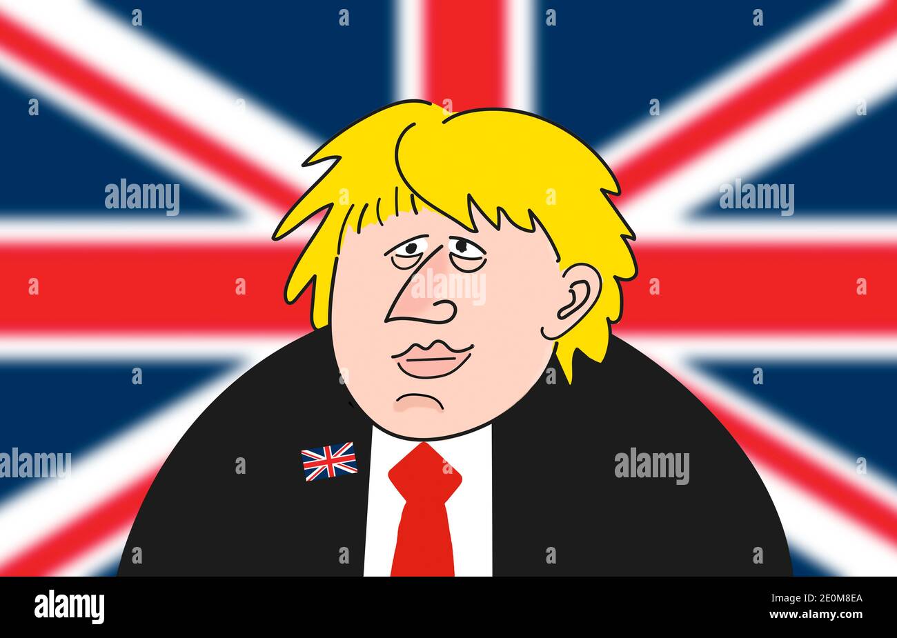 Dessin caricatural du Premier ministre britannique Boris Johnson devant un grand drapeau flou du Royaume-Uni. Banque D'Images