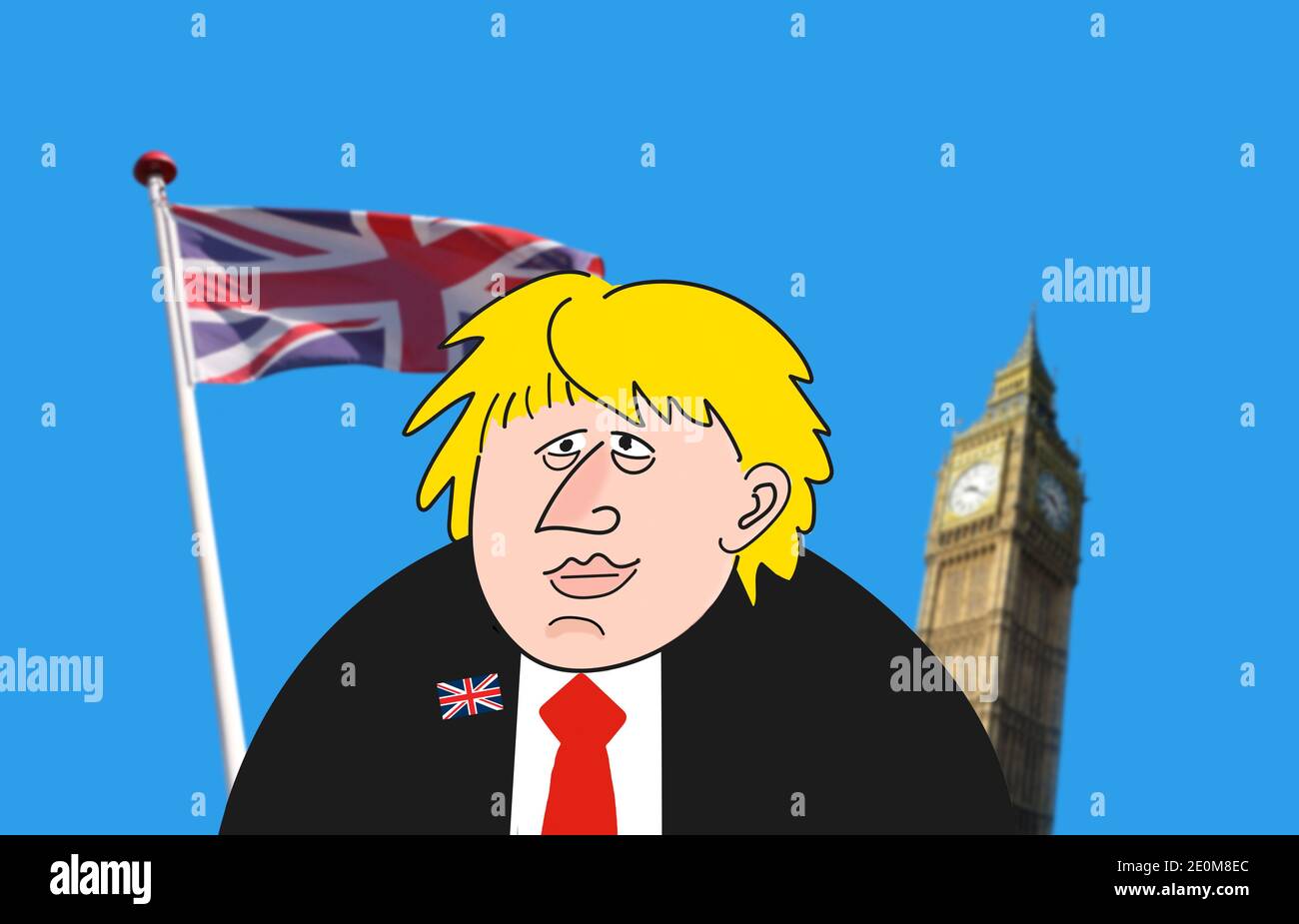 Dessin caricatural du Premier ministre britannique Boris Johnson devant une photo floue du drapeau du Royaume-Uni et de Big Ben. Isolé o Banque D'Images