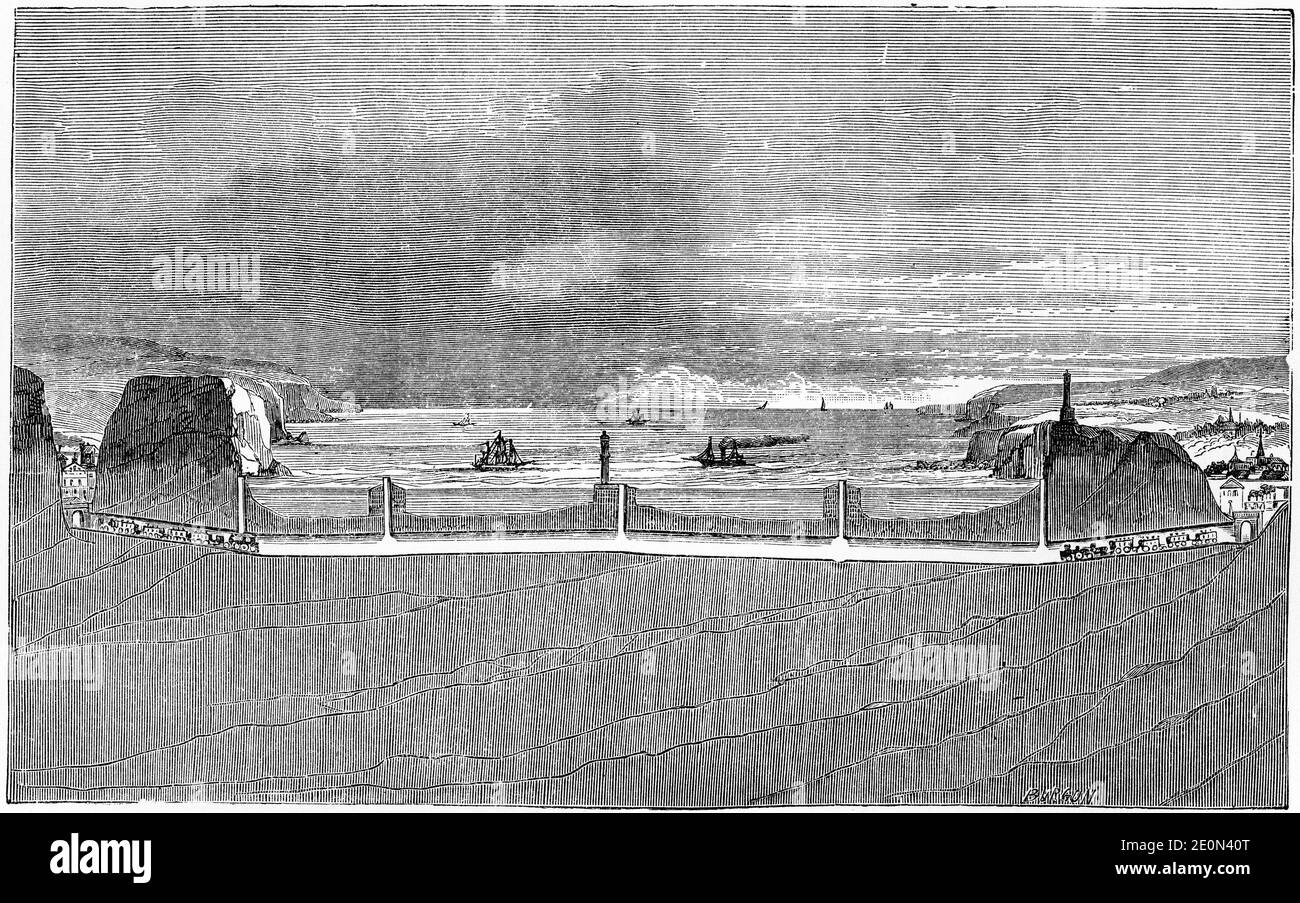 Gravure d'un projet de tunnel sous la Manche, reliant Douvres et Calais, vers 1880 Banque D'Images